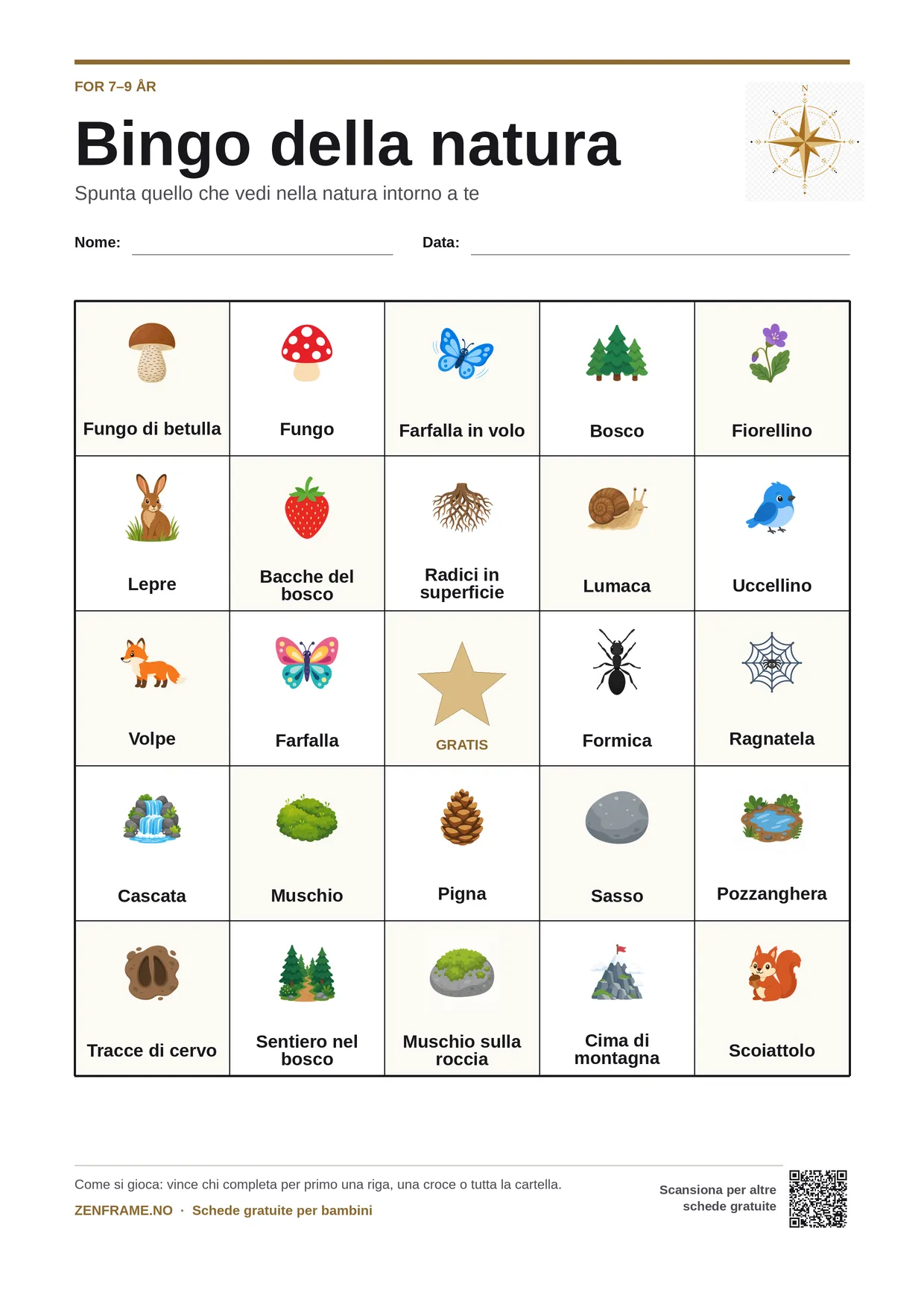 Bingo della natura per bambini 7–9 anni – cartella A4 gratis da stampare