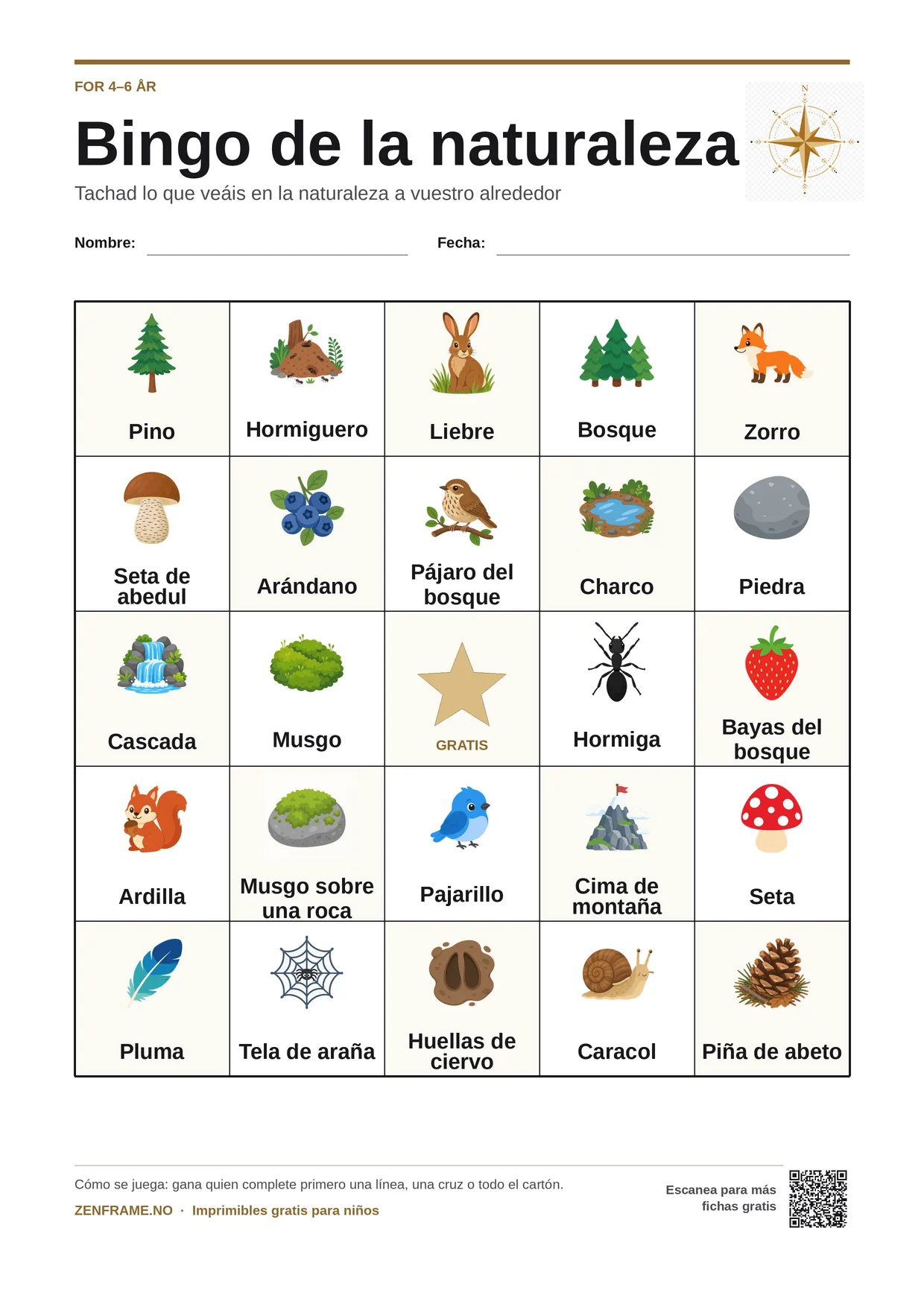 Bingo de la naturaleza para niños 4–6 años – tablero A4 gratis para imprimir
