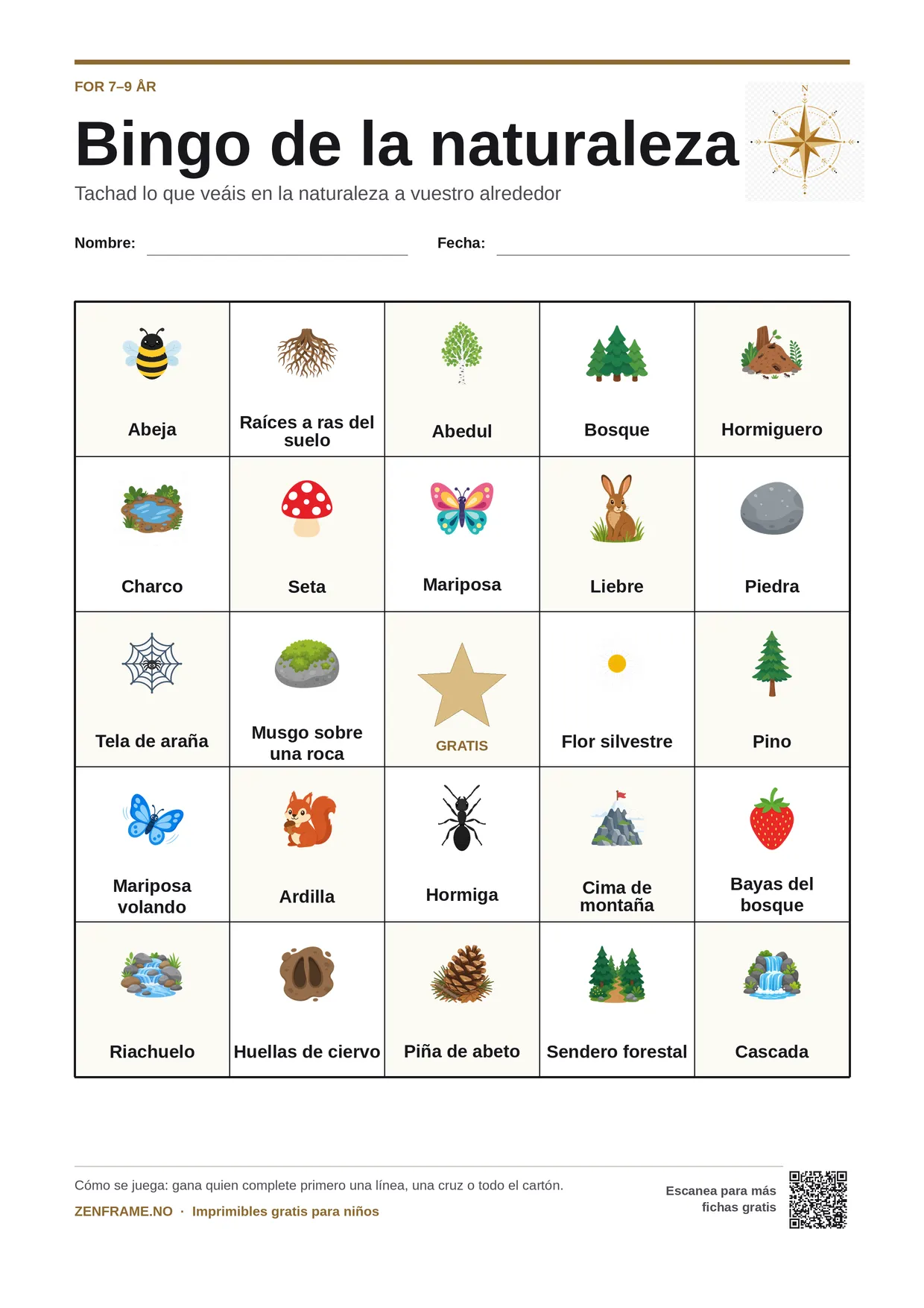 Bingo de la naturaleza para niños 7–9 años – tablero A4 gratis para imprimir