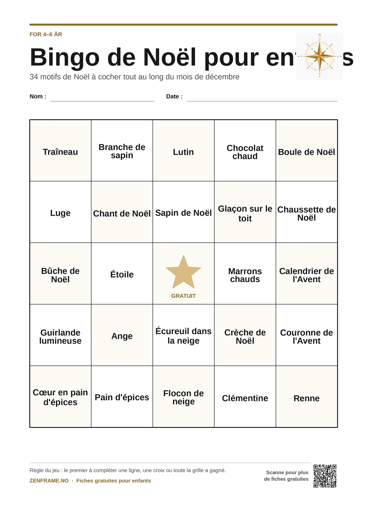 Bingo de Noël pour enfants 4–6 ans – planche A4 gratuite à imprimer