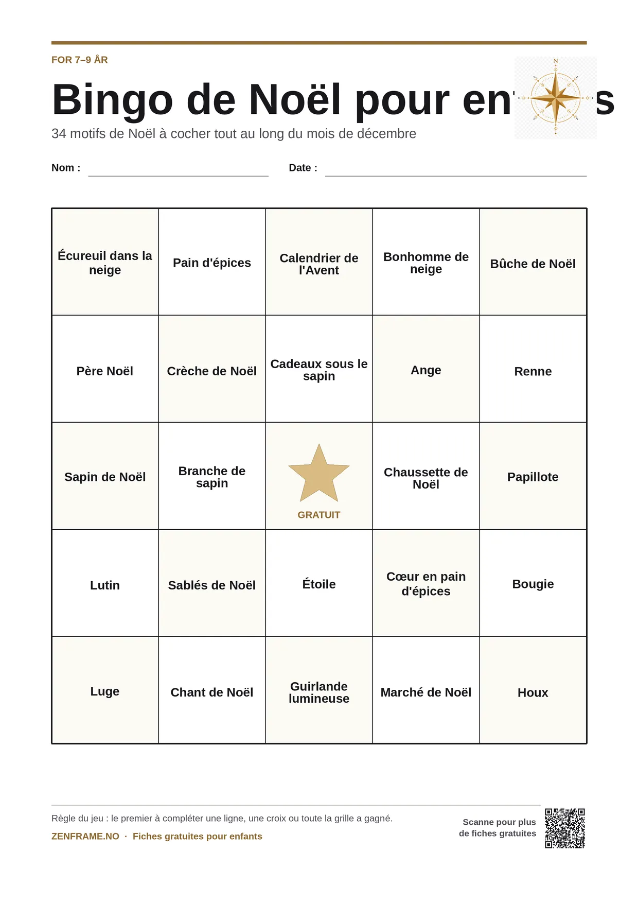 Bingo de Noël pour enfants 7–9 ans – planche A4 gratuite à imprimer