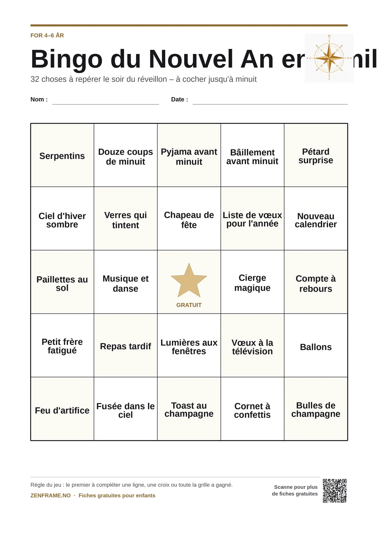 Bingo du Nouvel An en famille pour enfants 4–6 ans – planche A4 gratuite à imprimer