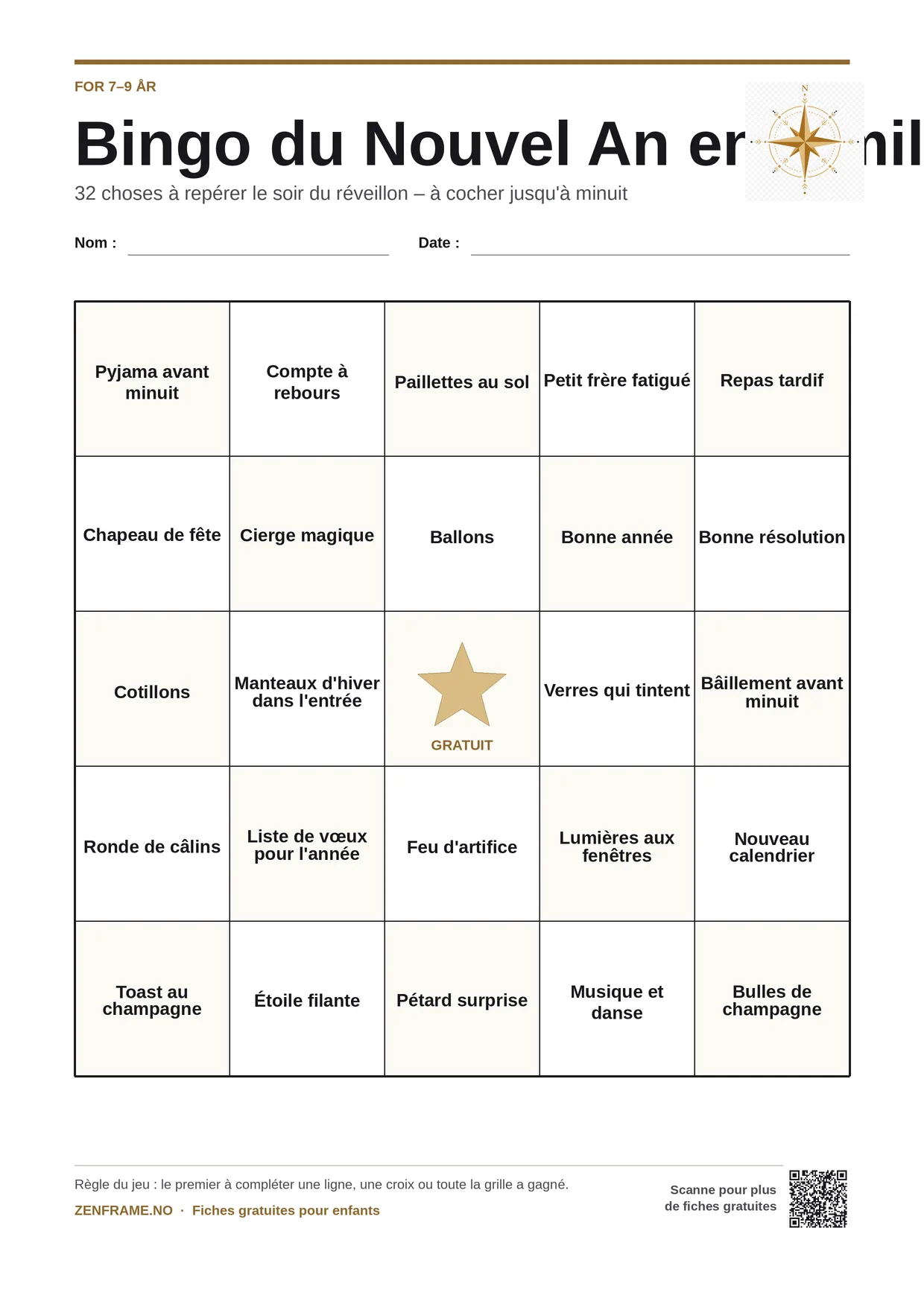 Bingo du Nouvel An en famille pour enfants 7–9 ans – planche A4 gratuite à imprimer