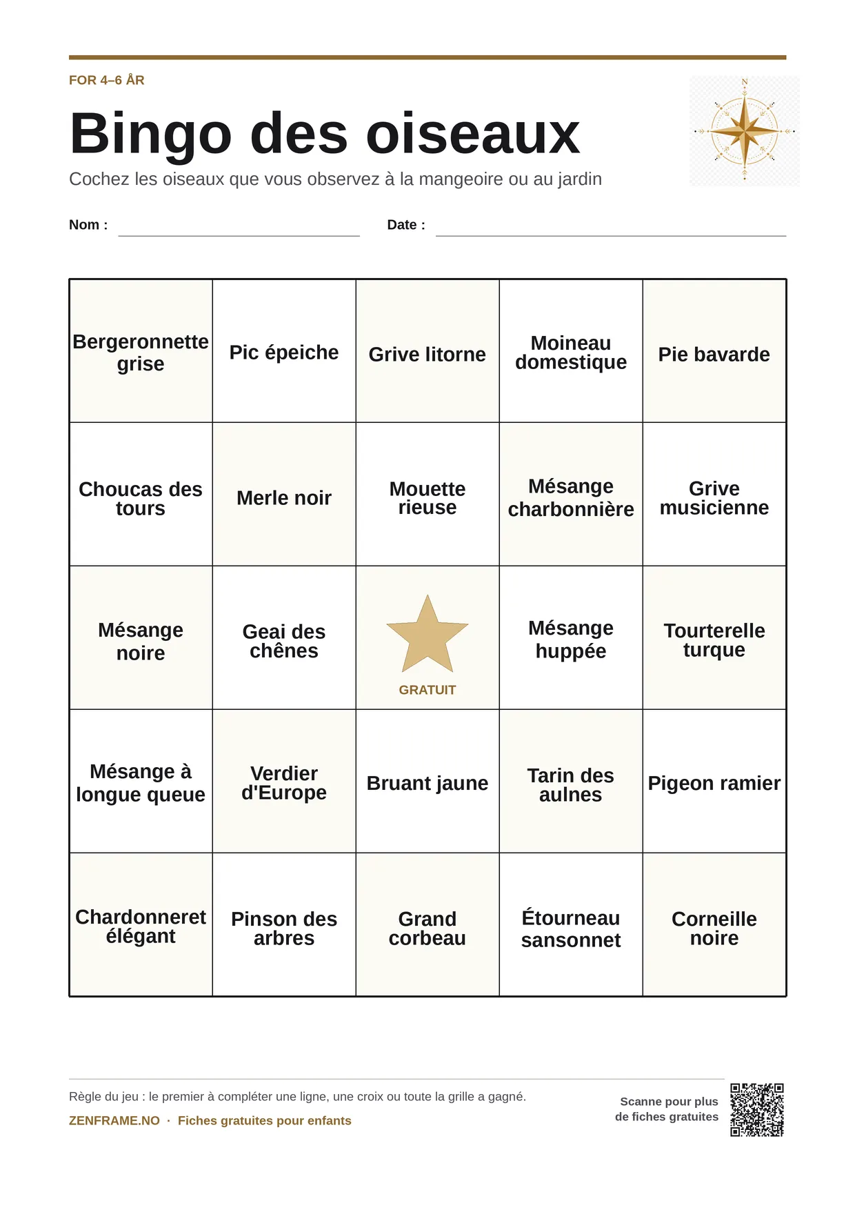 Bingo des oiseaux pour enfants 4–6 ans – planche A4 gratuite à imprimer