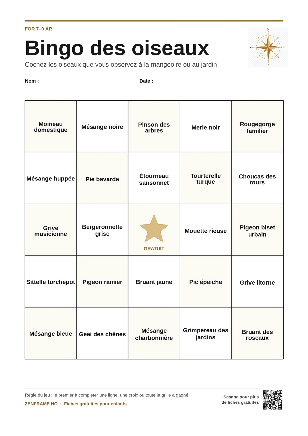Bingo des oiseaux pour enfants 7–9 ans – planche A4 gratuite à imprimer