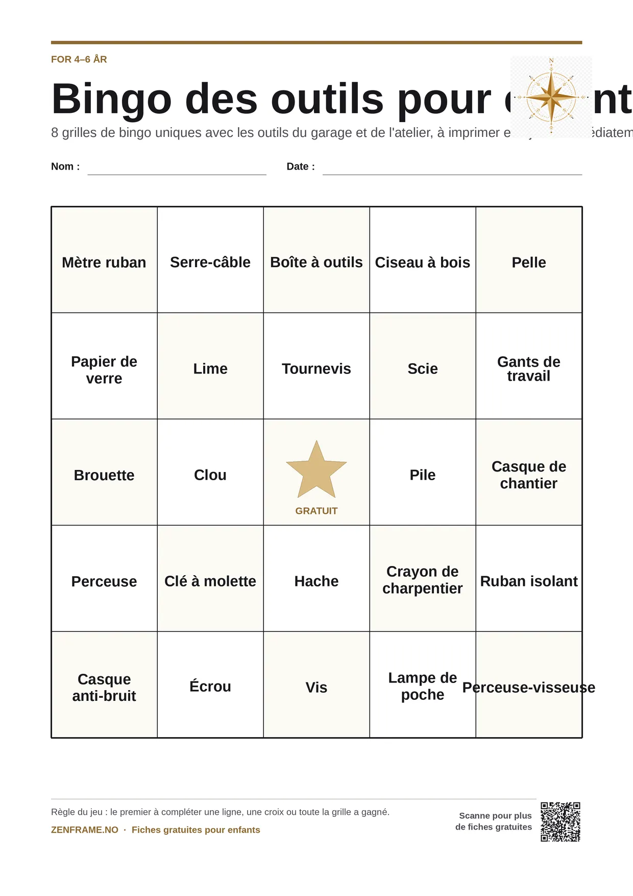 Bingo des outils pour enfants 4–6 ans – planche A4 gratuite à imprimer