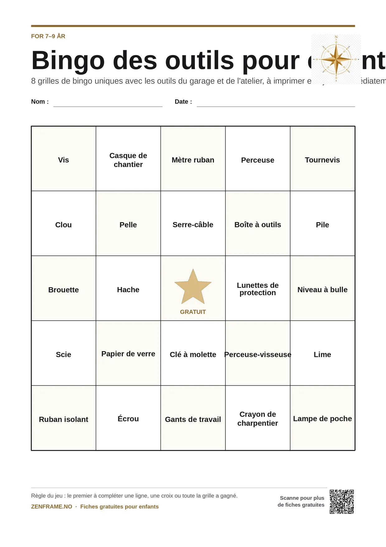 Bingo des outils pour enfants 7–9 ans – planche A4 gratuite à imprimer
