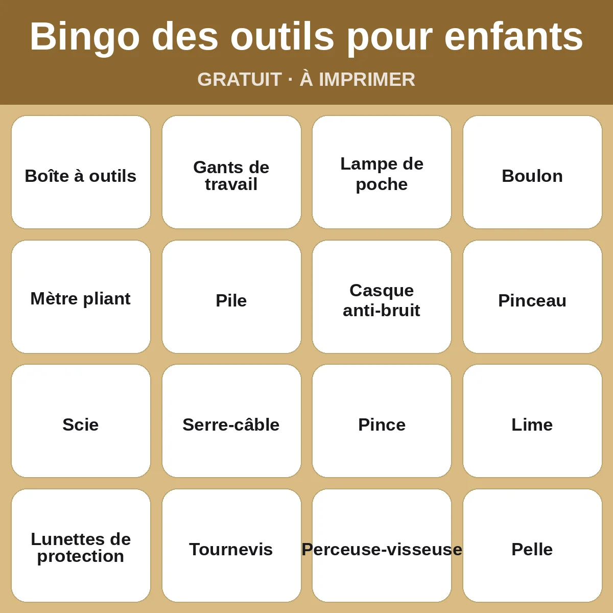 Bingo des outils pour enfants – bingo gratuit à imprimer pour enfants