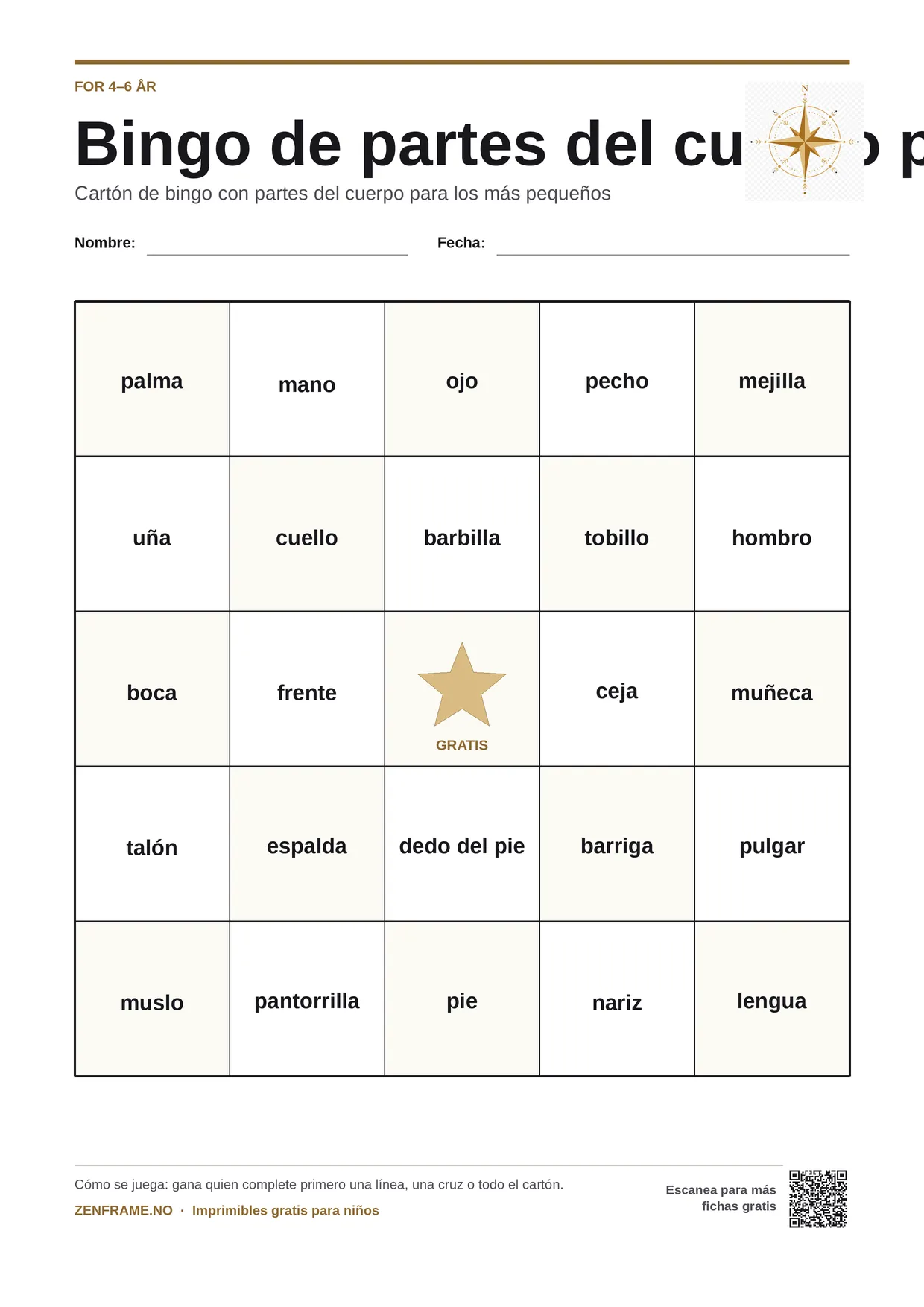 Bingo de partes del cuerpo para niños 4–6 años – tablero A4 gratis para imprimir