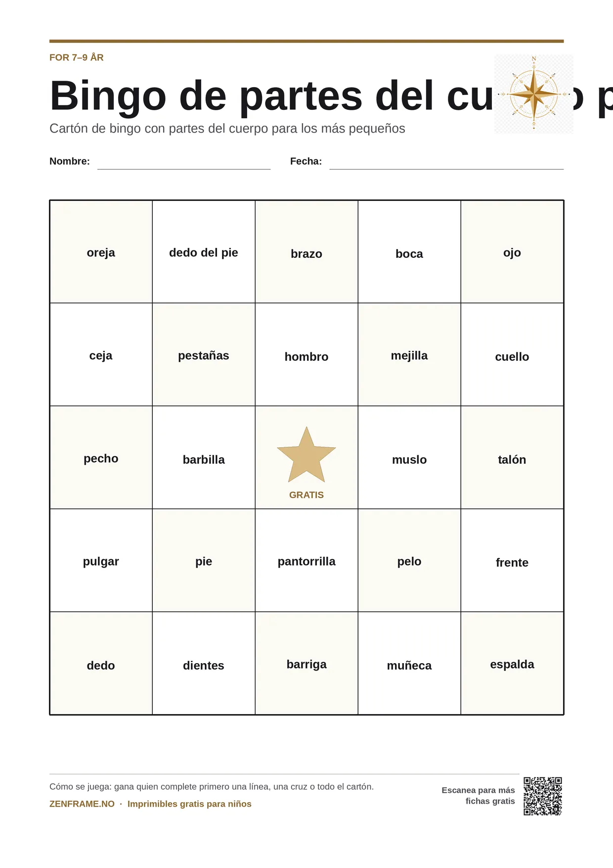 Bingo de partes del cuerpo para niños 7–9 años – tablero A4 gratis para imprimir