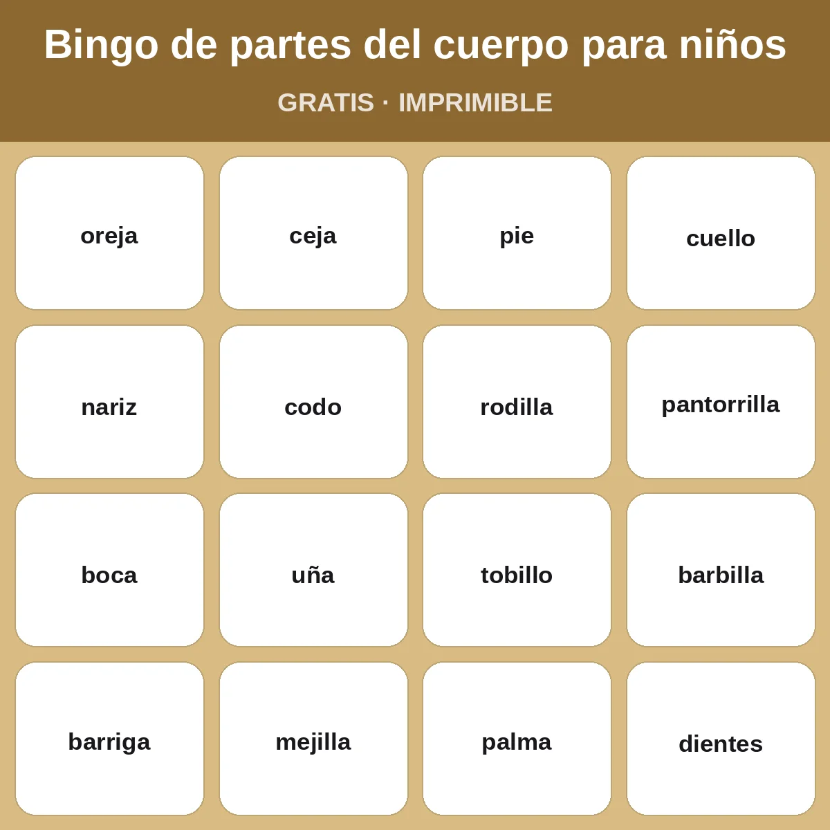 Bingo de partes del cuerpo para niños – bingo gratis para imprimir para niños