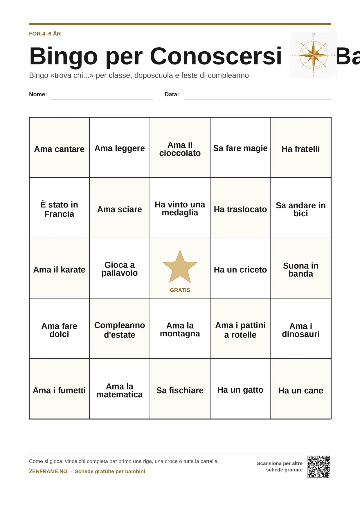 Bingo per Conoscersi per bambini 4–6 anni – cartella A4 gratis da stampare