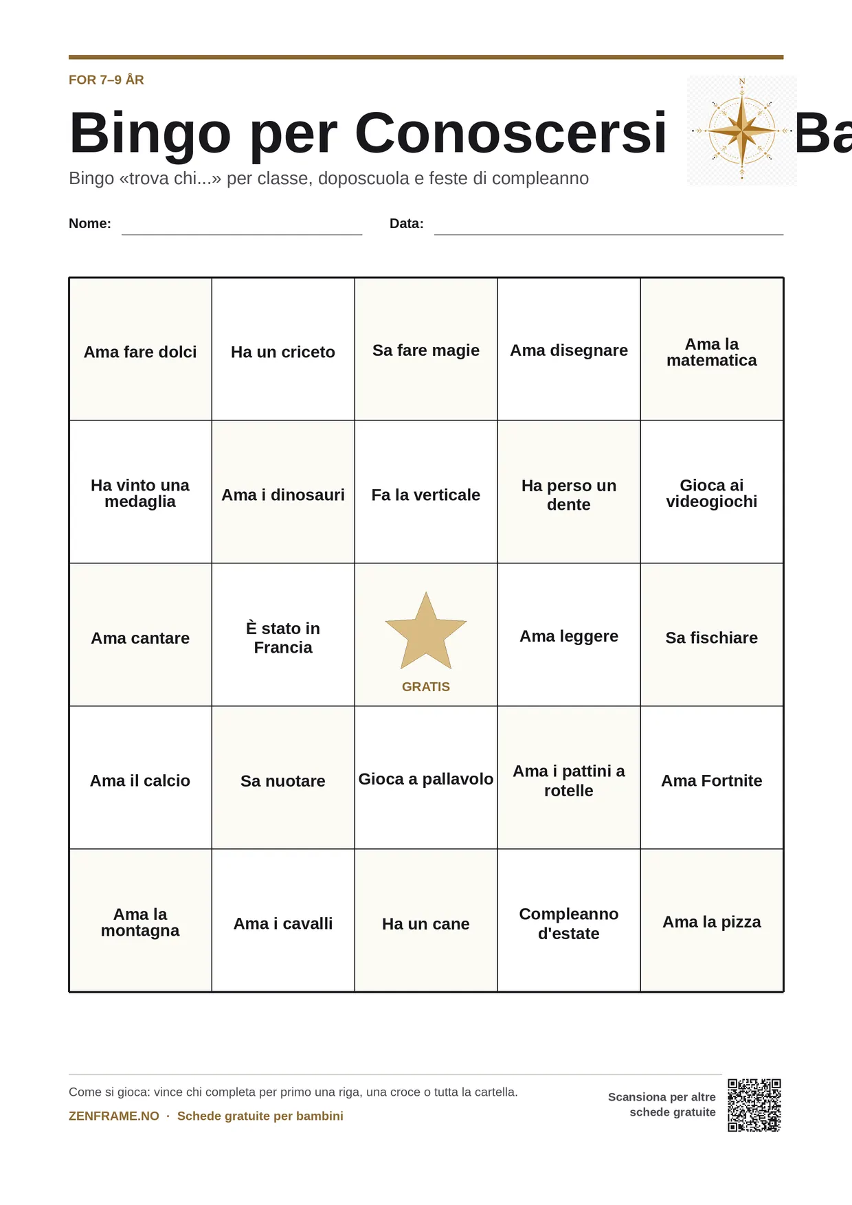 Bingo per Conoscersi per bambini 7–9 anni – cartella A4 gratis da stampare