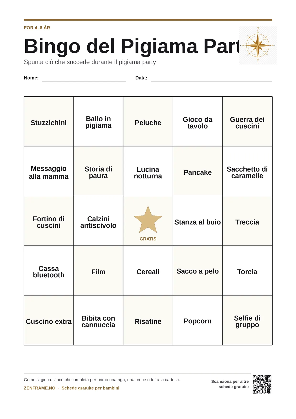 Bingo del Pigiama Party per bambini 4–6 anni – cartella A4 gratis da stampare