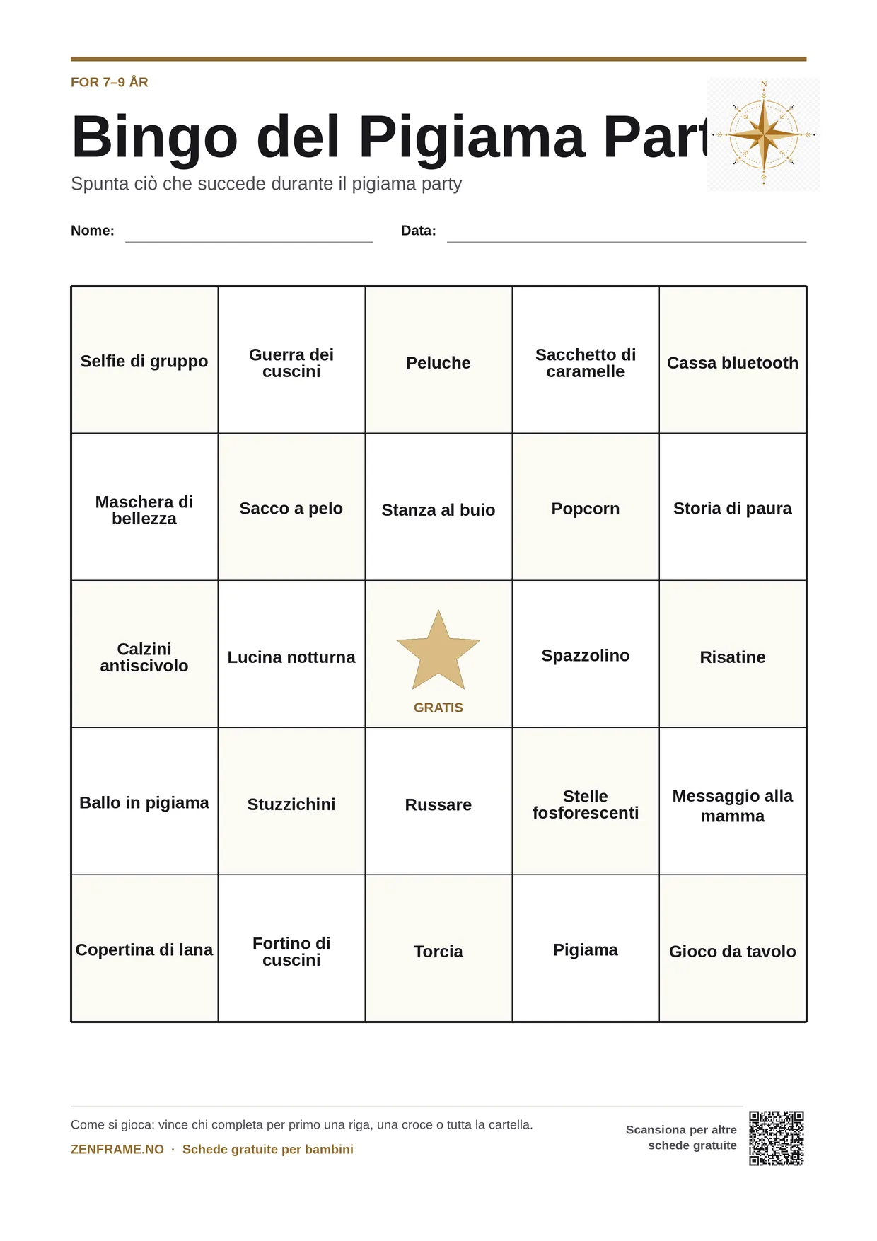 Bingo del Pigiama Party per bambini 7–9 anni – cartella A4 gratis da stampare