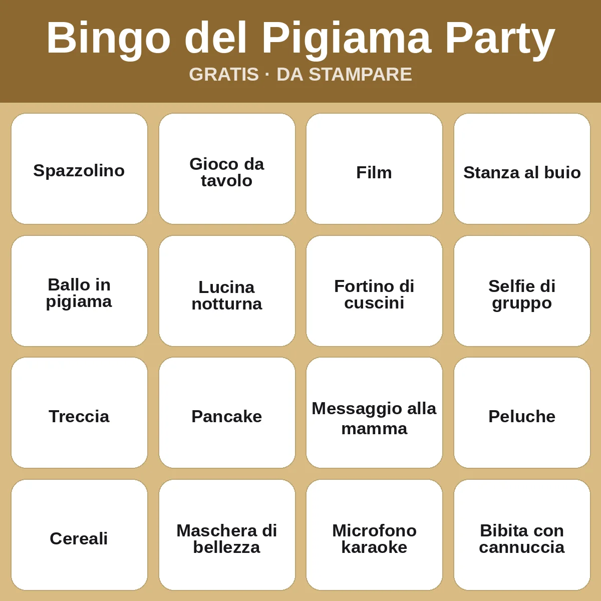 Bingo del Pigiama Party – bingo gratis da stampare per bambini