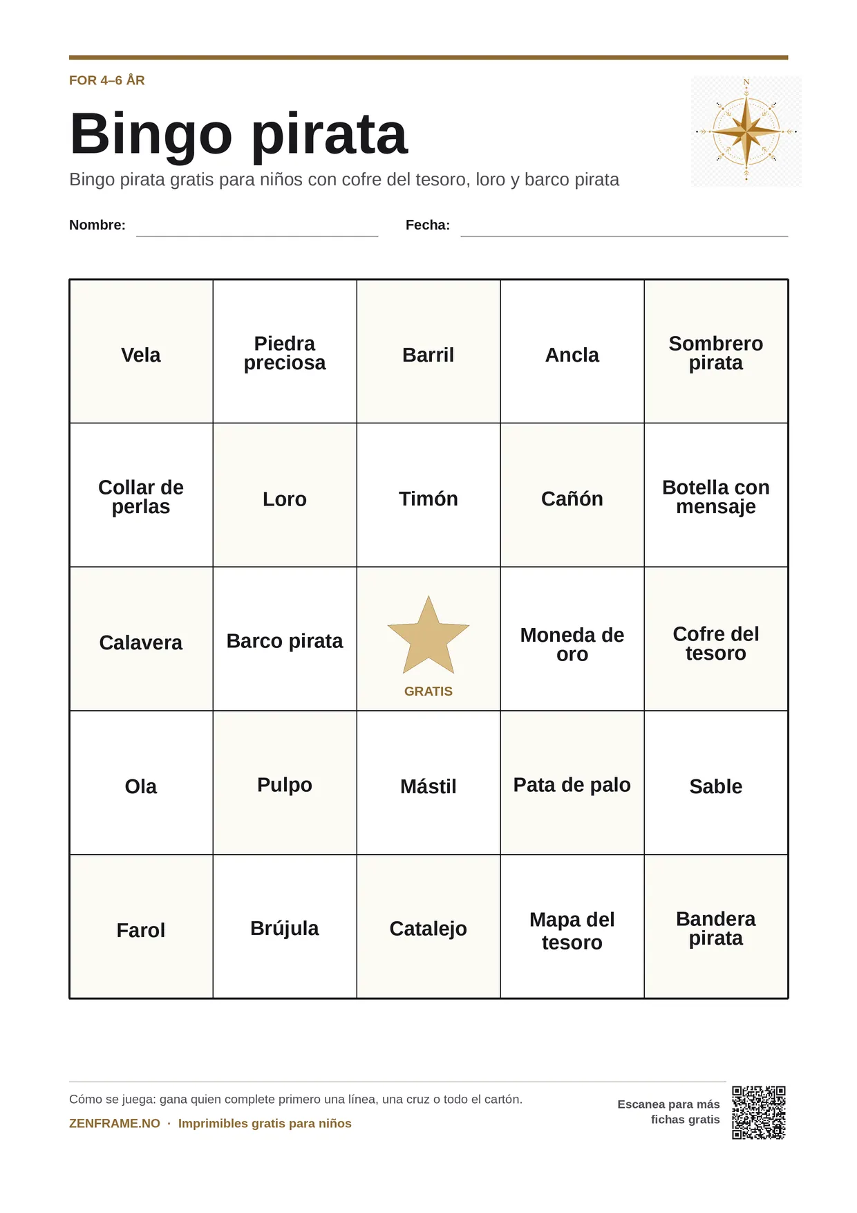 Bingo pirata para niños 4–6 años – tablero A4 gratis para imprimir