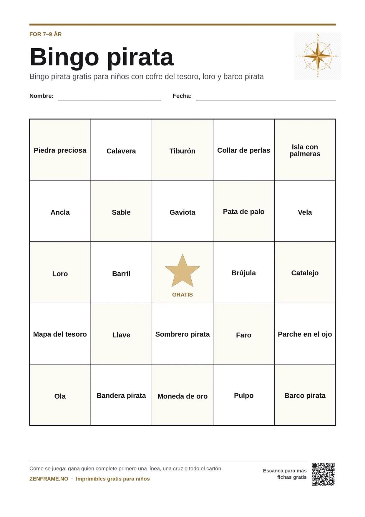 Bingo pirata para niños 7–9 años – tablero A4 gratis para imprimir