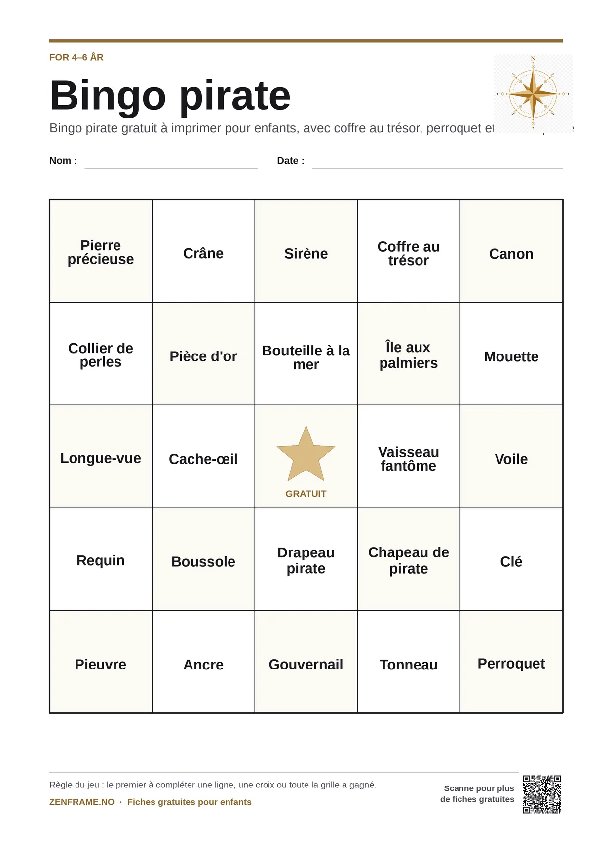 Bingo pirate pour enfants 4–6 ans – planche A4 gratuite à imprimer
