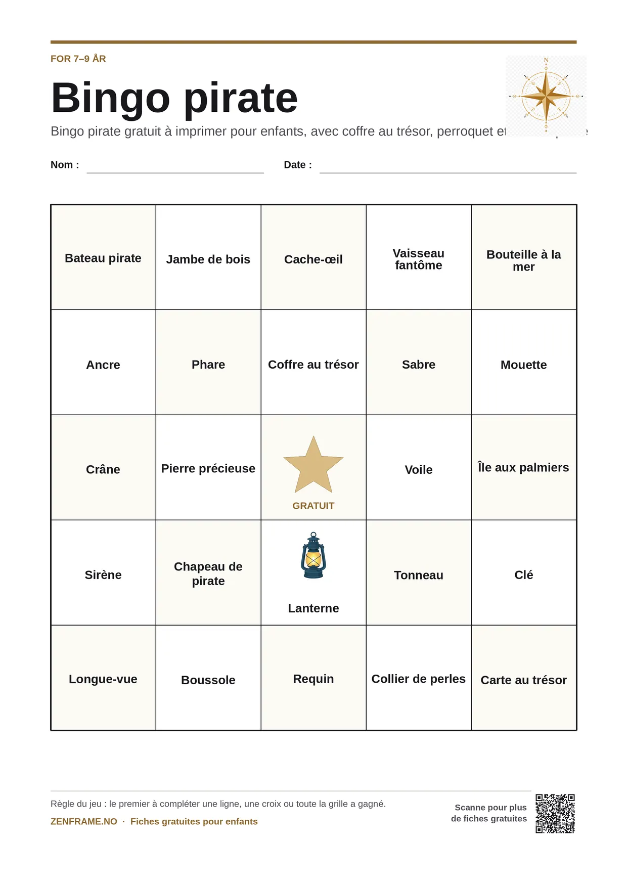 Bingo pirate pour enfants 7–9 ans – planche A4 gratuite à imprimer