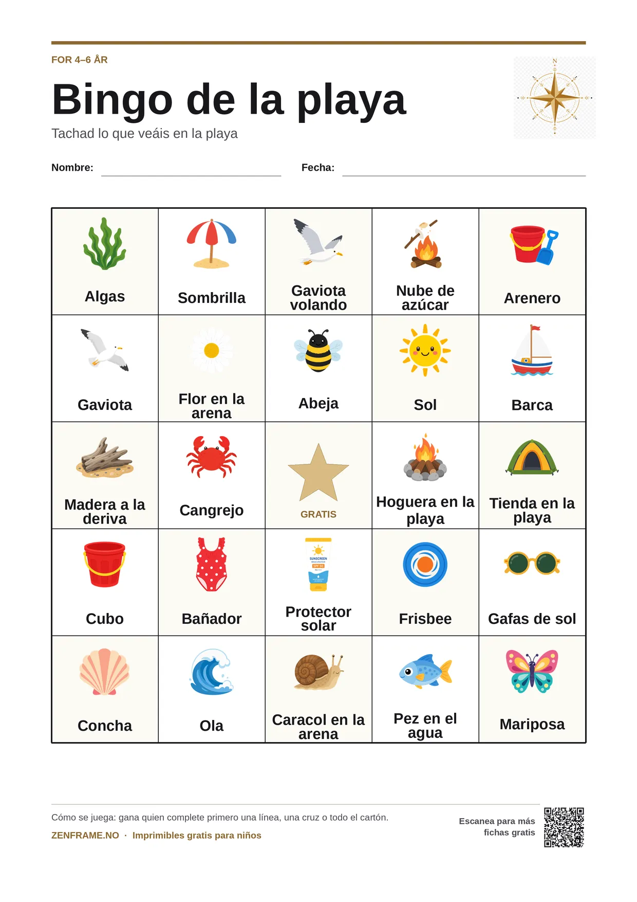 Bingo de la playa para niños 4–6 años – tablero A4 gratis para imprimir
