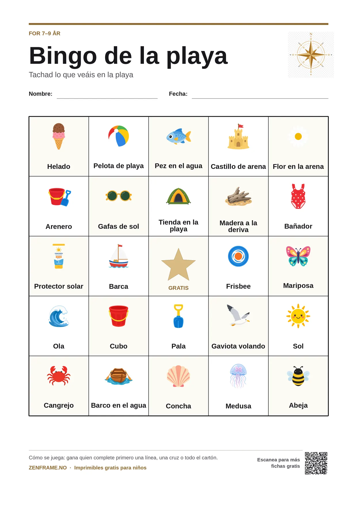 Bingo de la playa para niños 7–9 años – tablero A4 gratis para imprimir