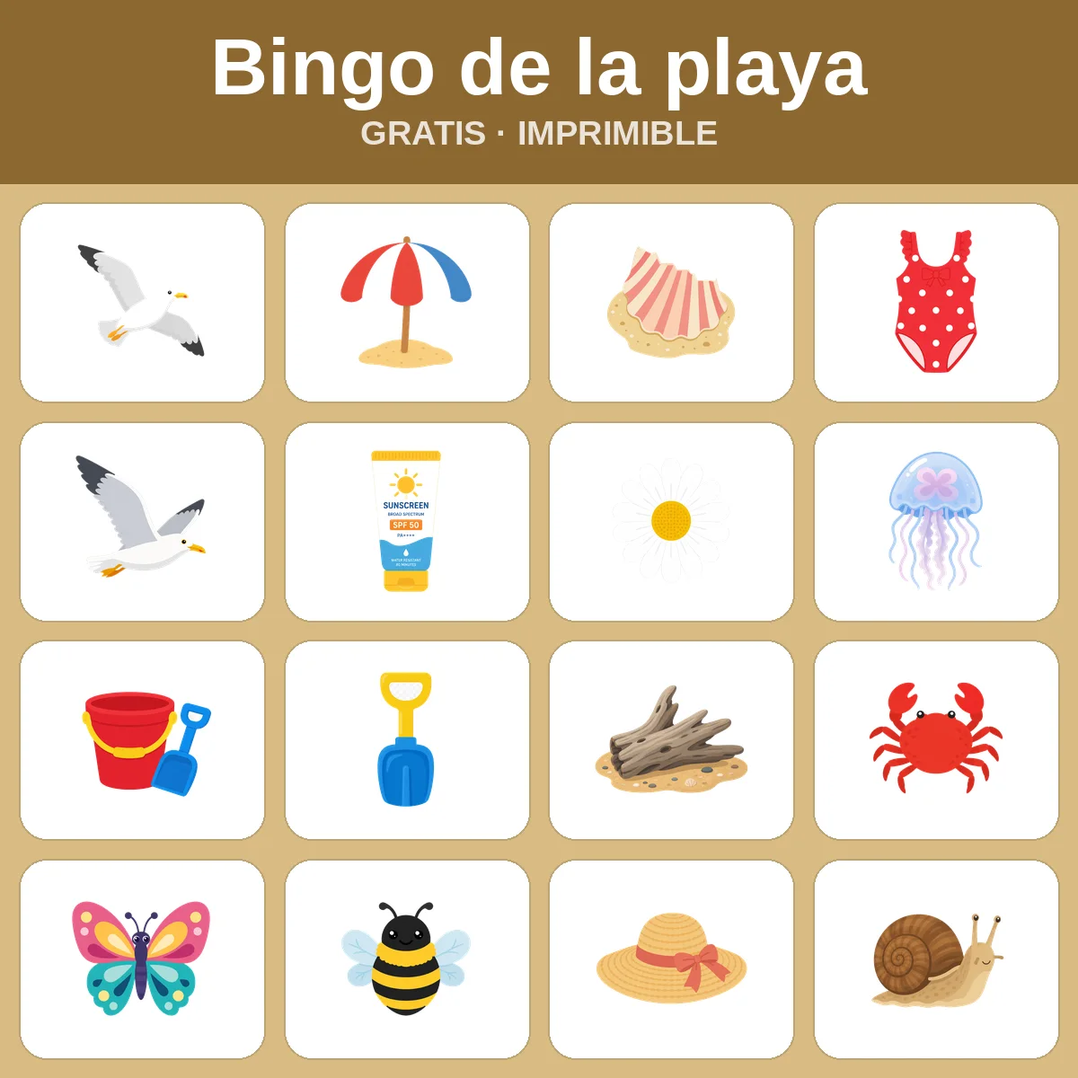 Bingo de la playa – bingo gratis para imprimir para niños