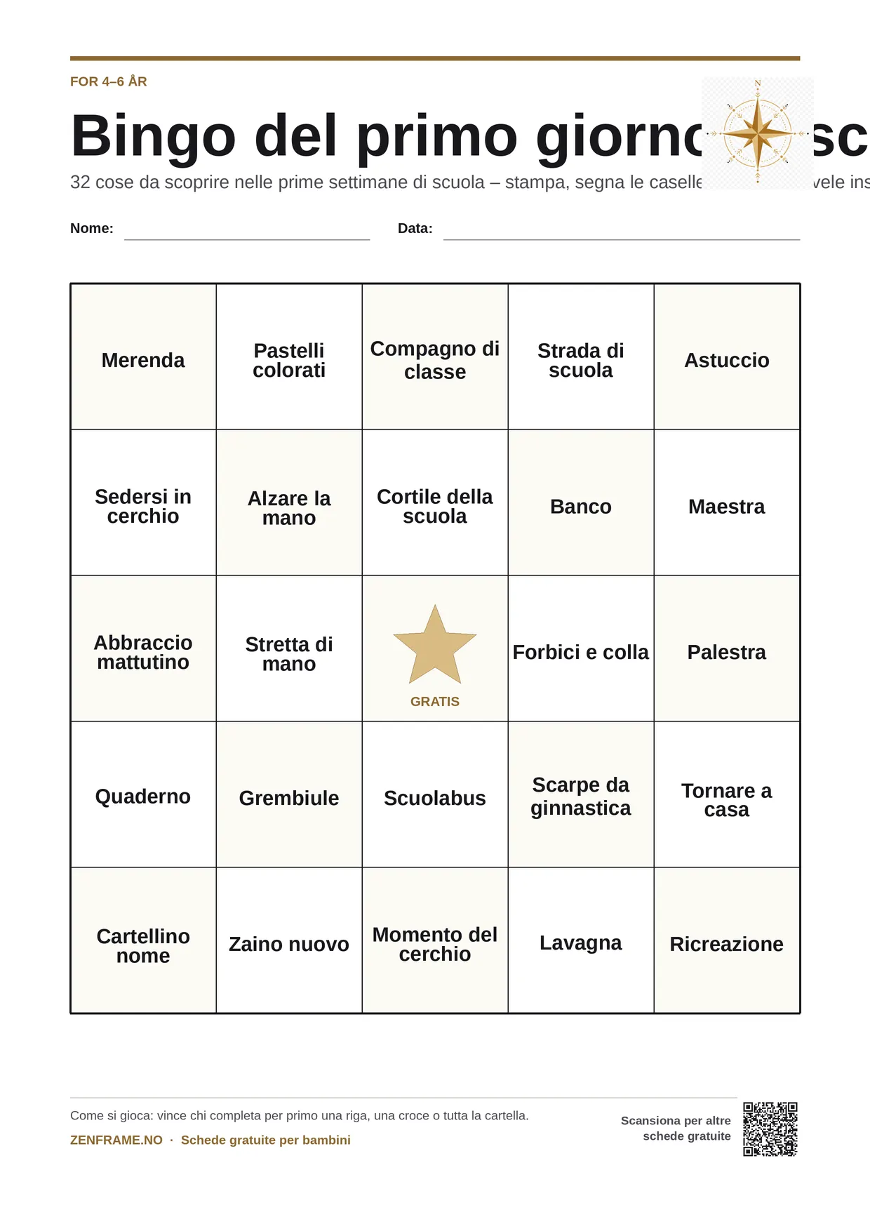 Bingo del primo giorno di scuola per bambini 4–6 anni – cartella A4 gratis da stampare