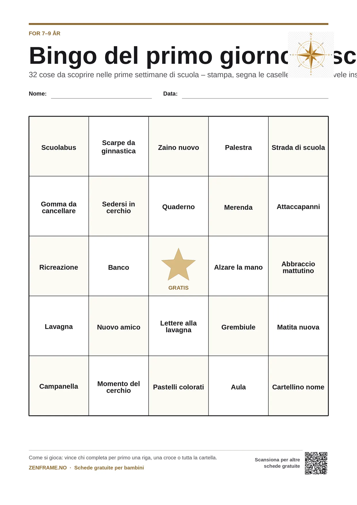 Bingo del primo giorno di scuola per bambini 7–9 anni – cartella A4 gratis da stampare