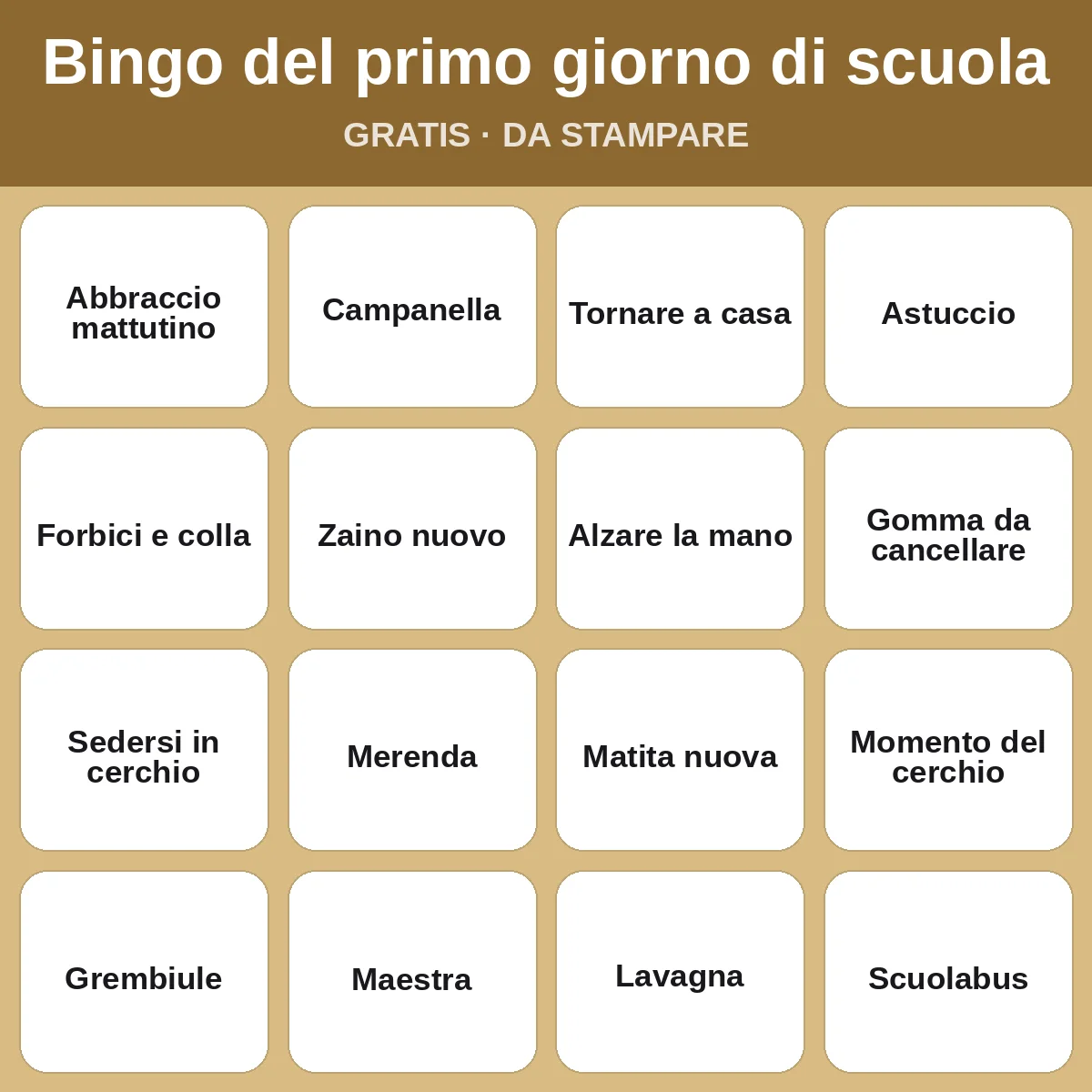 Bingo del primo giorno di scuola – bingo gratis da stampare per bambini
