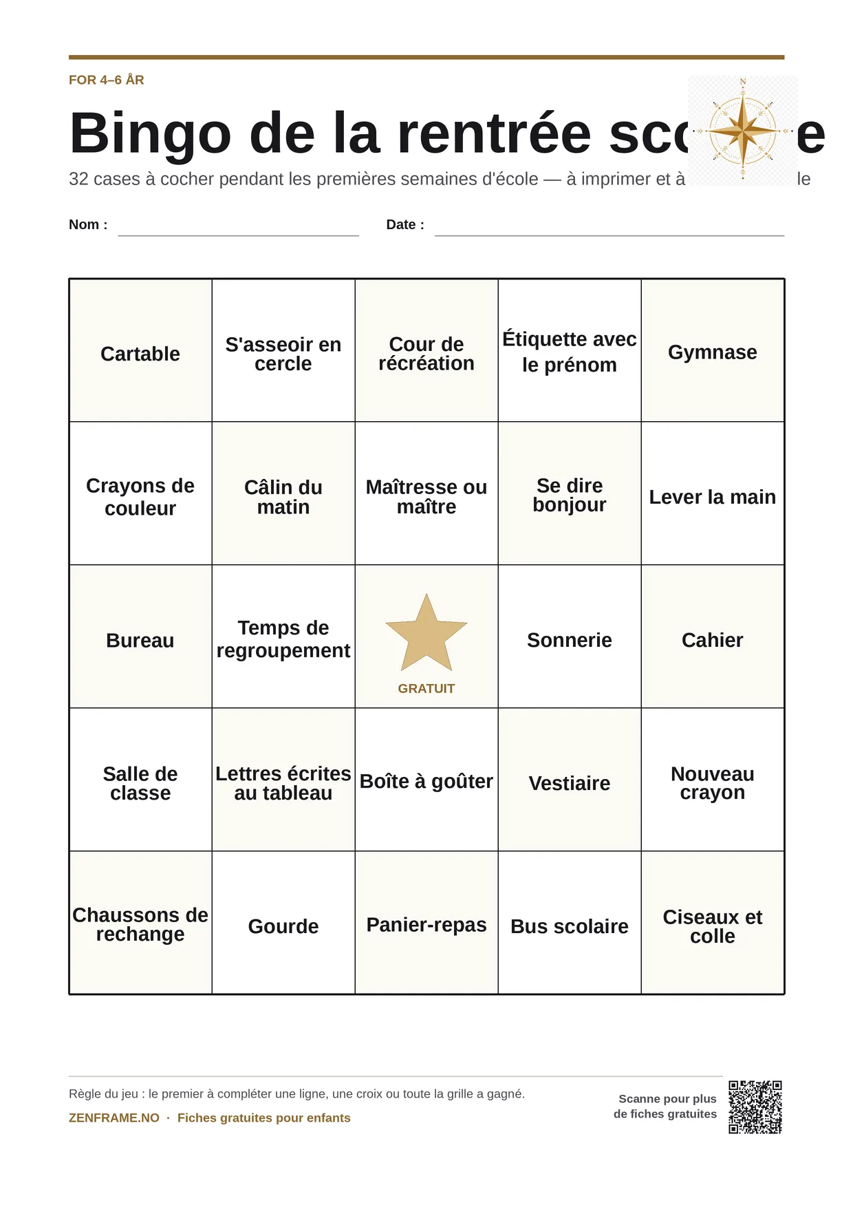 Bingo de la rentrée scolaire pour enfants 4–6 ans – planche A4 gratuite à imprimer