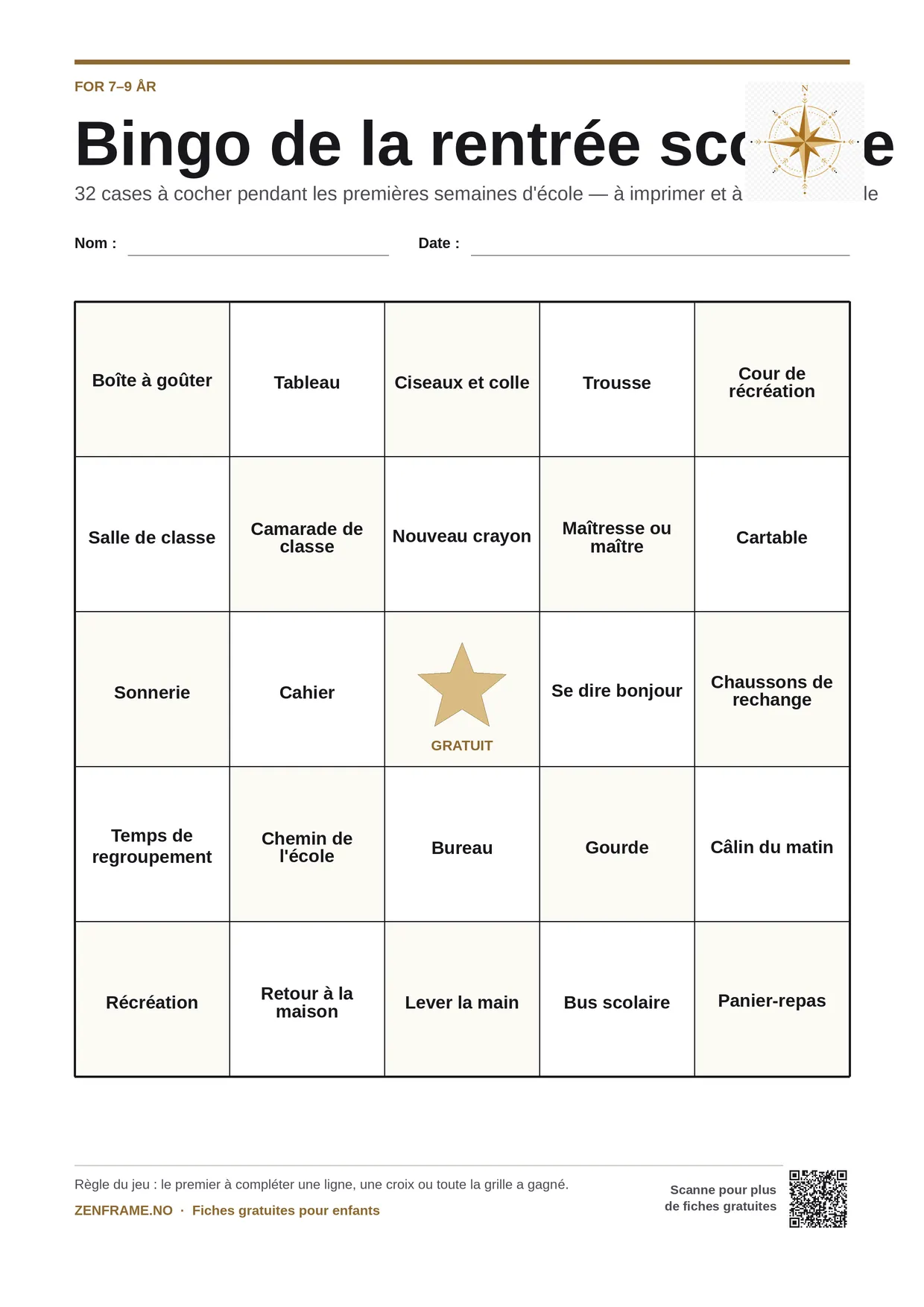 Bingo de la rentrée scolaire pour enfants 7–9 ans – planche A4 gratuite à imprimer