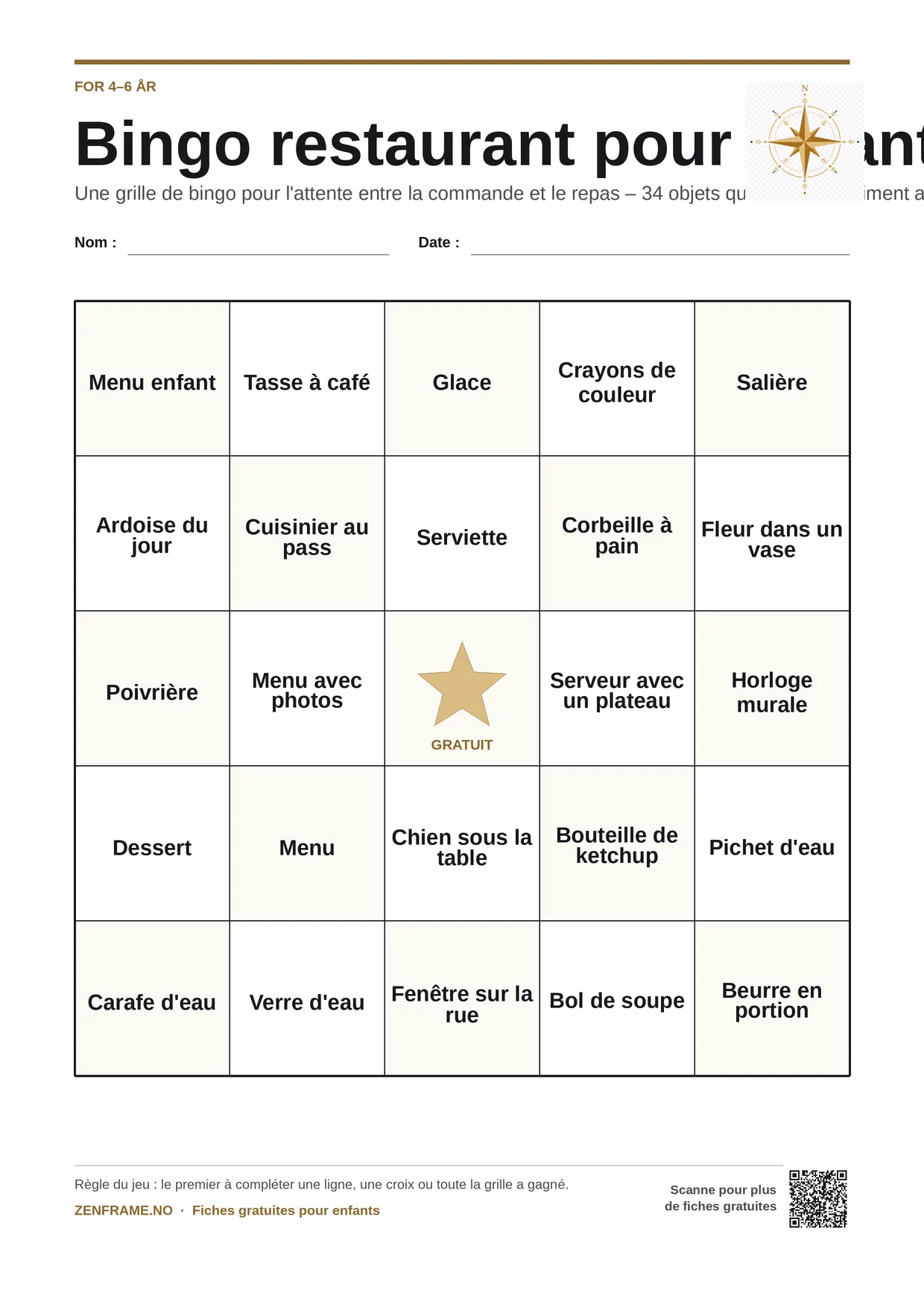 Bingo restaurant pour enfants 4–6 ans – planche A4 gratuite à imprimer