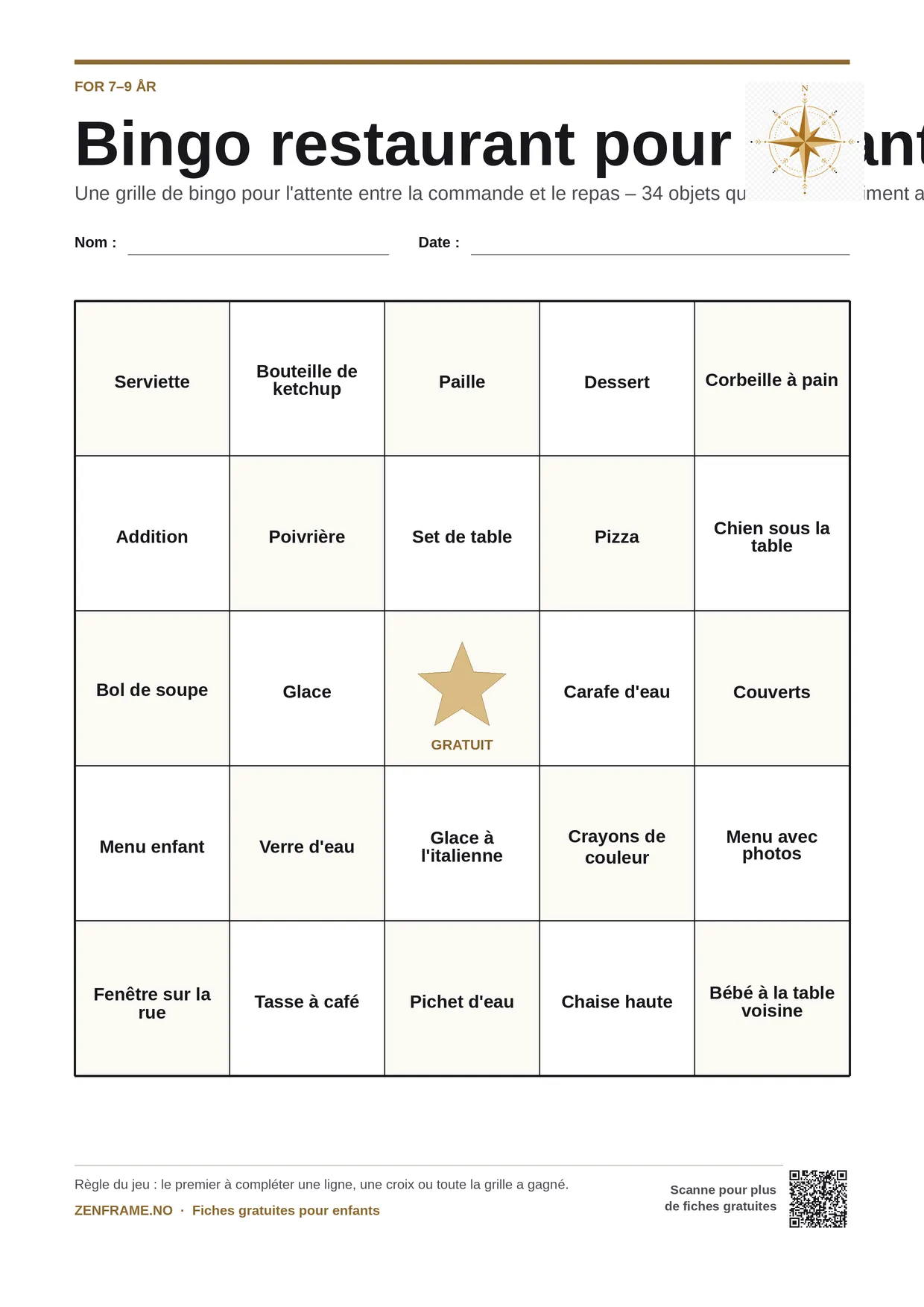 Bingo restaurant pour enfants 7–9 ans – planche A4 gratuite à imprimer