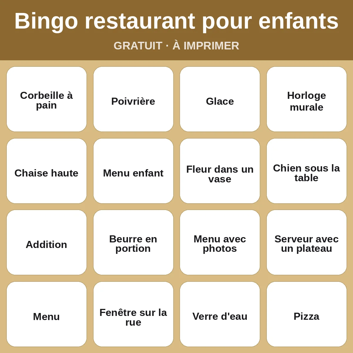 Bingo restaurant pour enfants – bingo gratuit à imprimer pour enfants