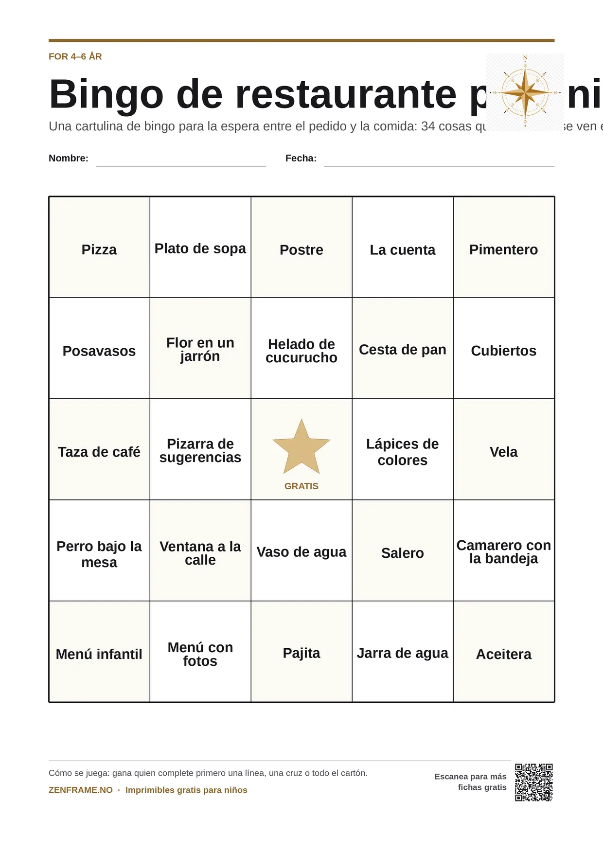 Bingo de restaurante para niños 4–6 años – tablero A4 gratis para imprimir