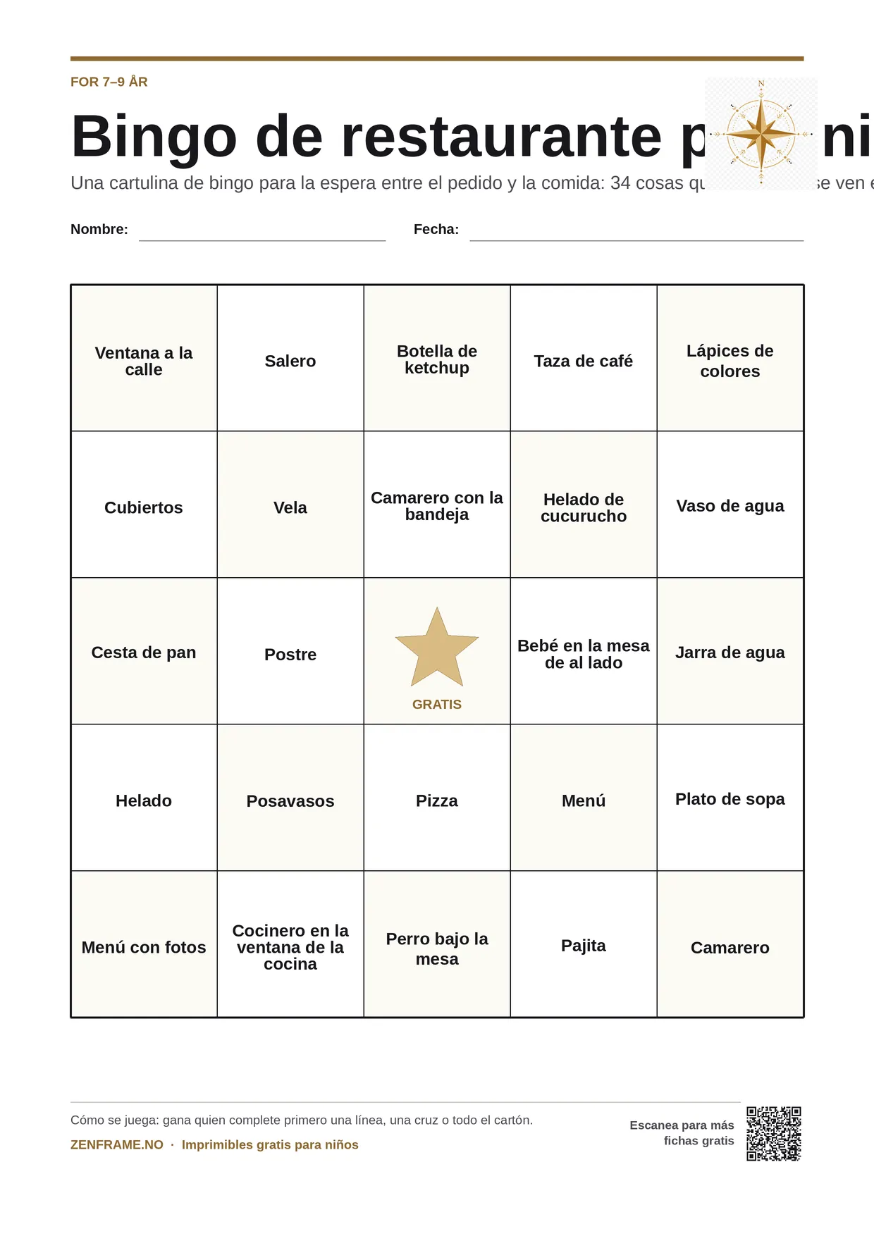 Bingo de restaurante para niños 7–9 años – tablero A4 gratis para imprimir