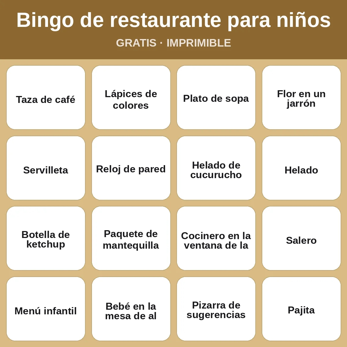 Bingo de restaurante para niños – bingo gratis para imprimir para niños