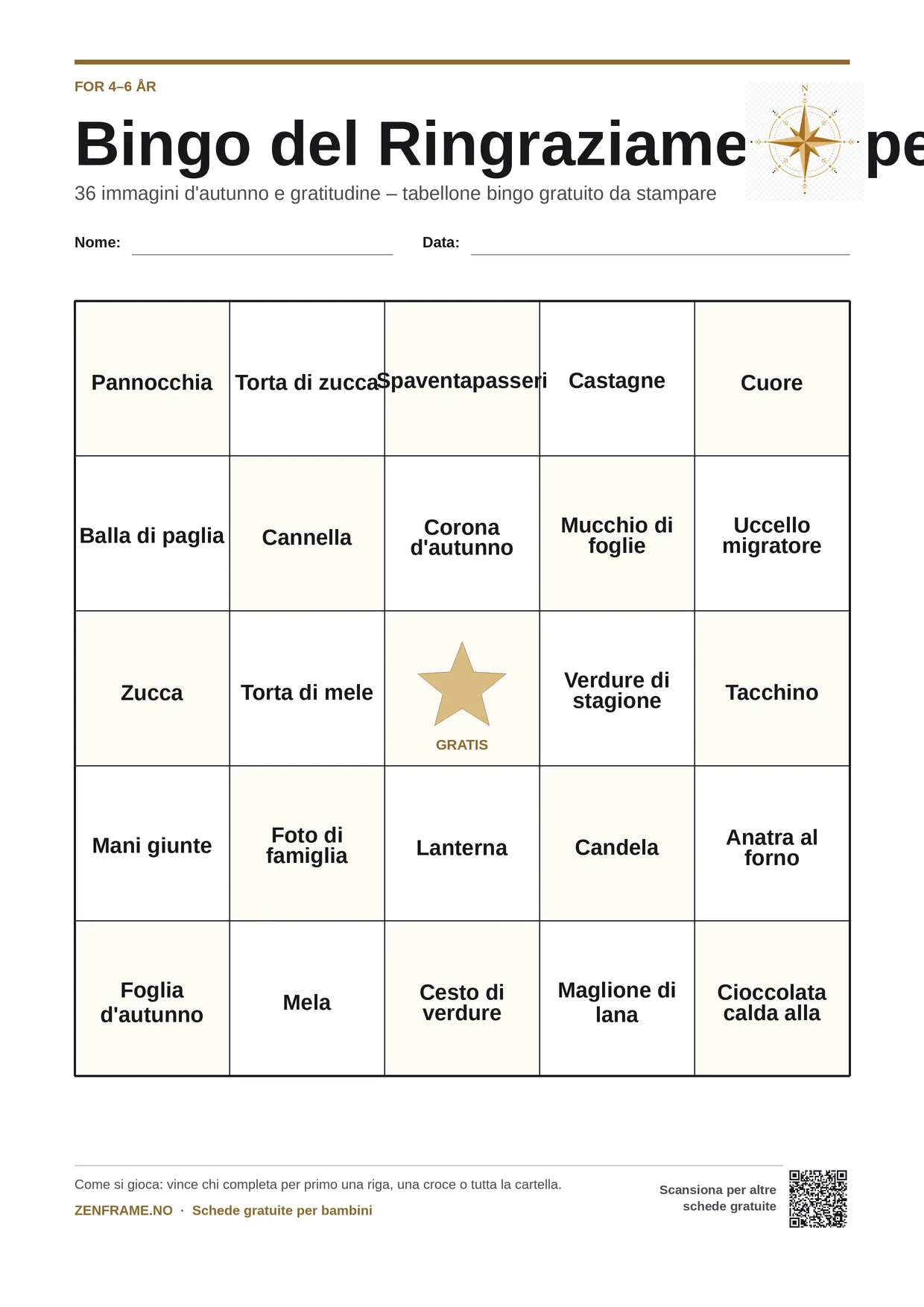 Bingo del Ringraziamento per bambini 4–6 anni – cartella A4 gratis da stampare