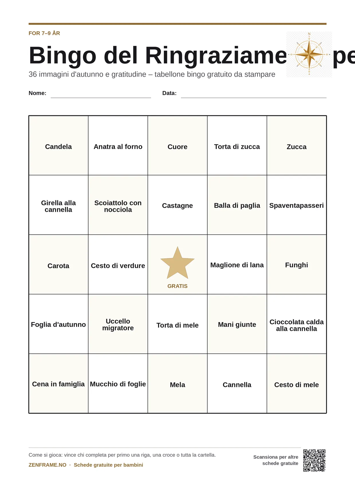Bingo del Ringraziamento per bambini 7–9 anni – cartella A4 gratis da stampare