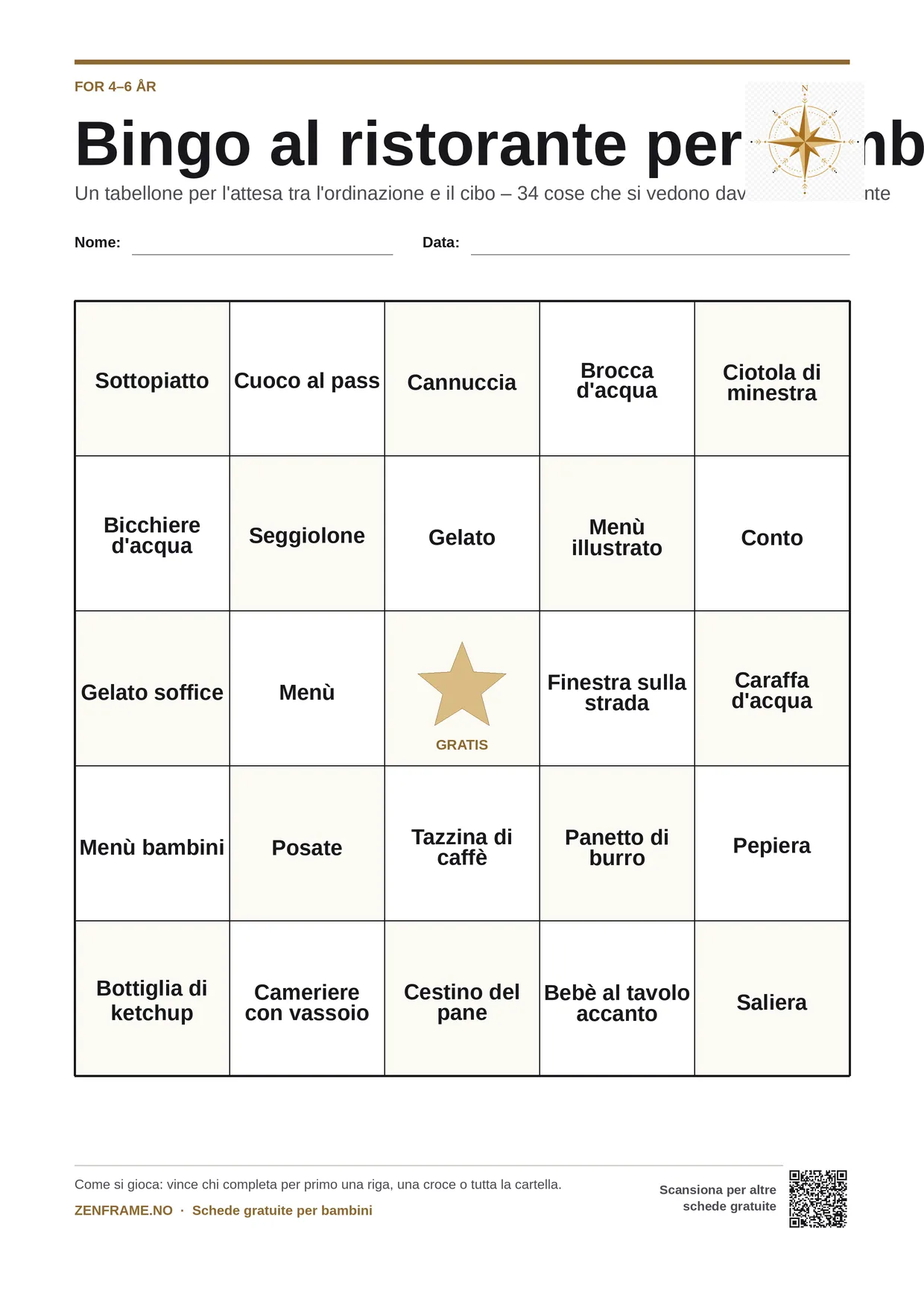 Bingo al ristorante per bambini 4–6 anni – cartella A4 gratis da stampare