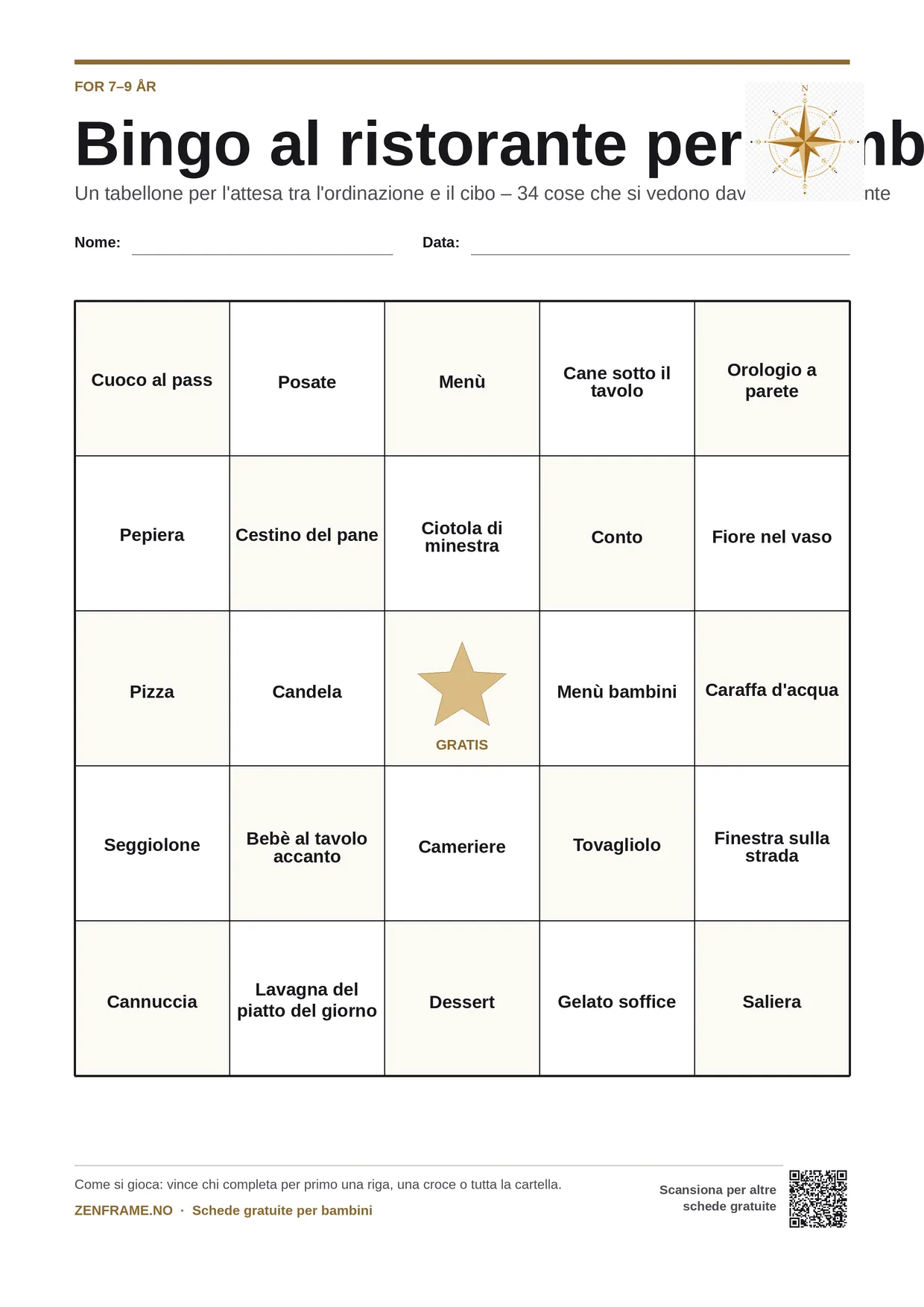 Bingo al ristorante per bambini 7–9 anni – cartella A4 gratis da stampare