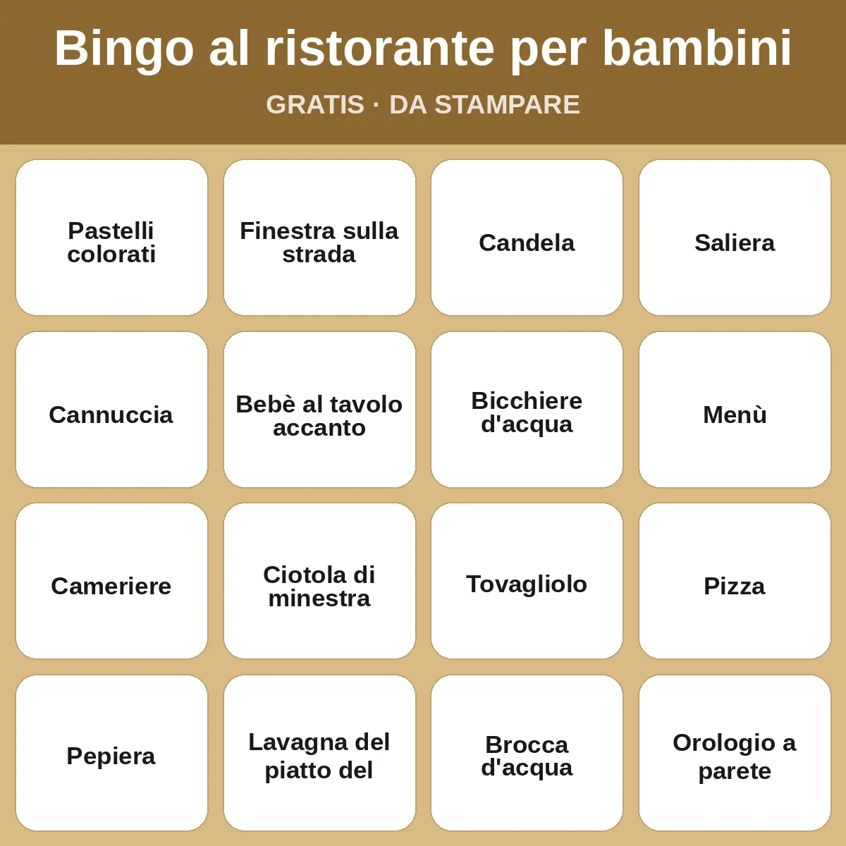Bingo al ristorante per bambini – bingo gratis da stampare per bambini