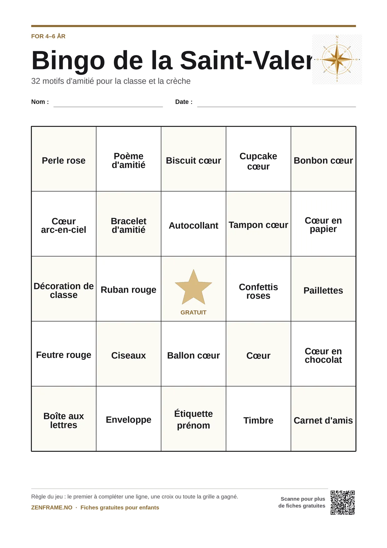 Bingo de la Saint-Valentin pour enfants 4–6 ans – planche A4 gratuite à imprimer