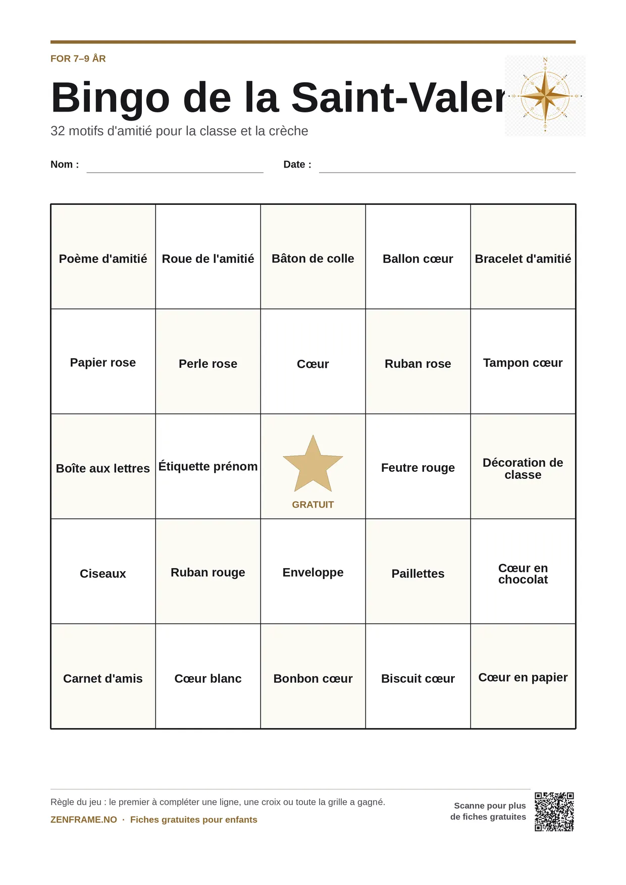 Bingo de la Saint-Valentin pour enfants 7–9 ans – planche A4 gratuite à imprimer