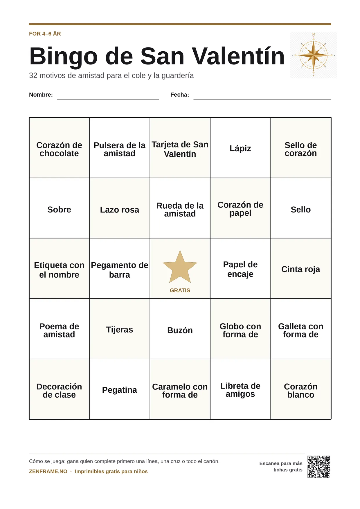 Bingo de San Valentín para niños 4–6 años – tablero A4 gratis para imprimir