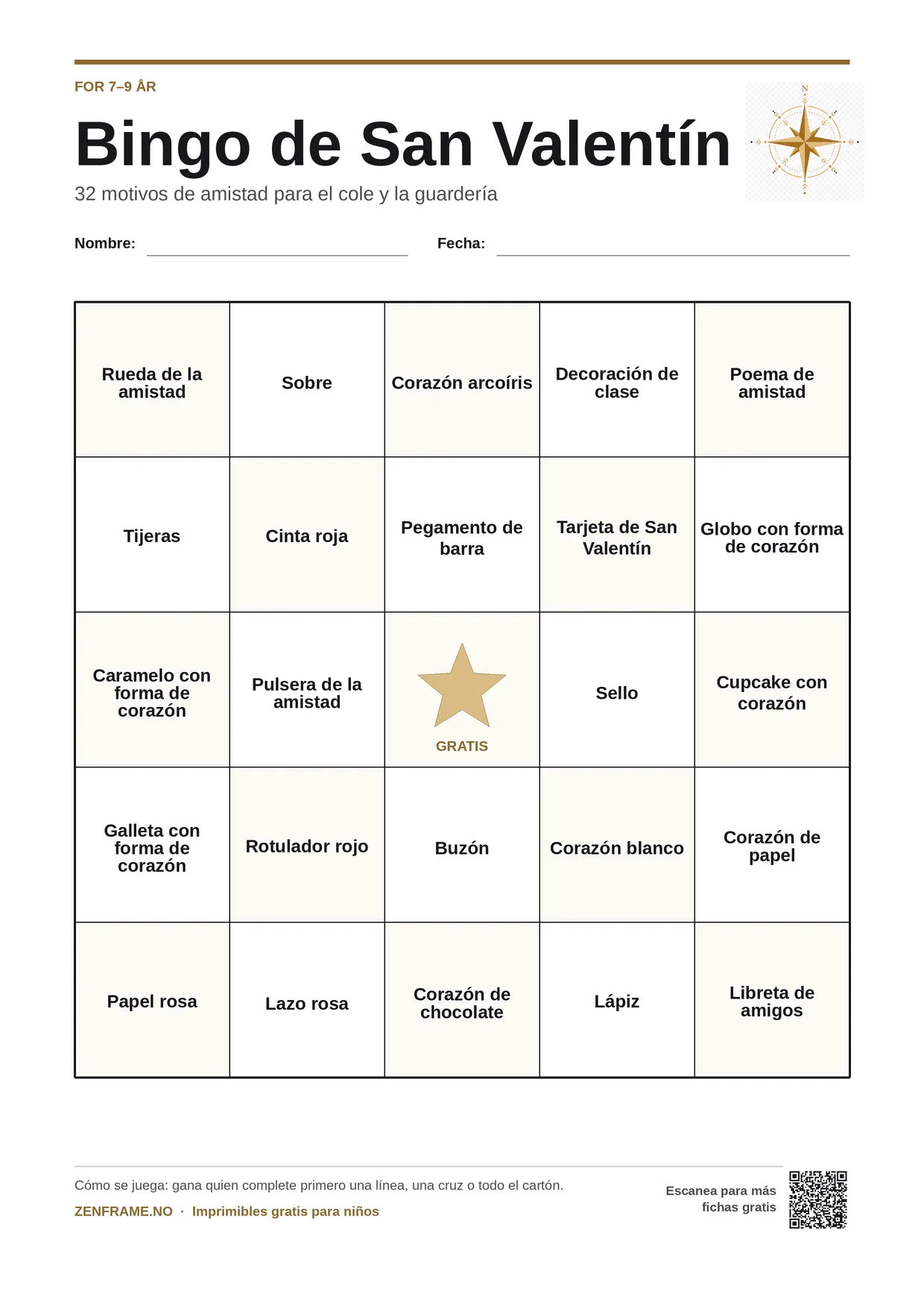 Bingo de San Valentín para niños 7–9 años – tablero A4 gratis para imprimir