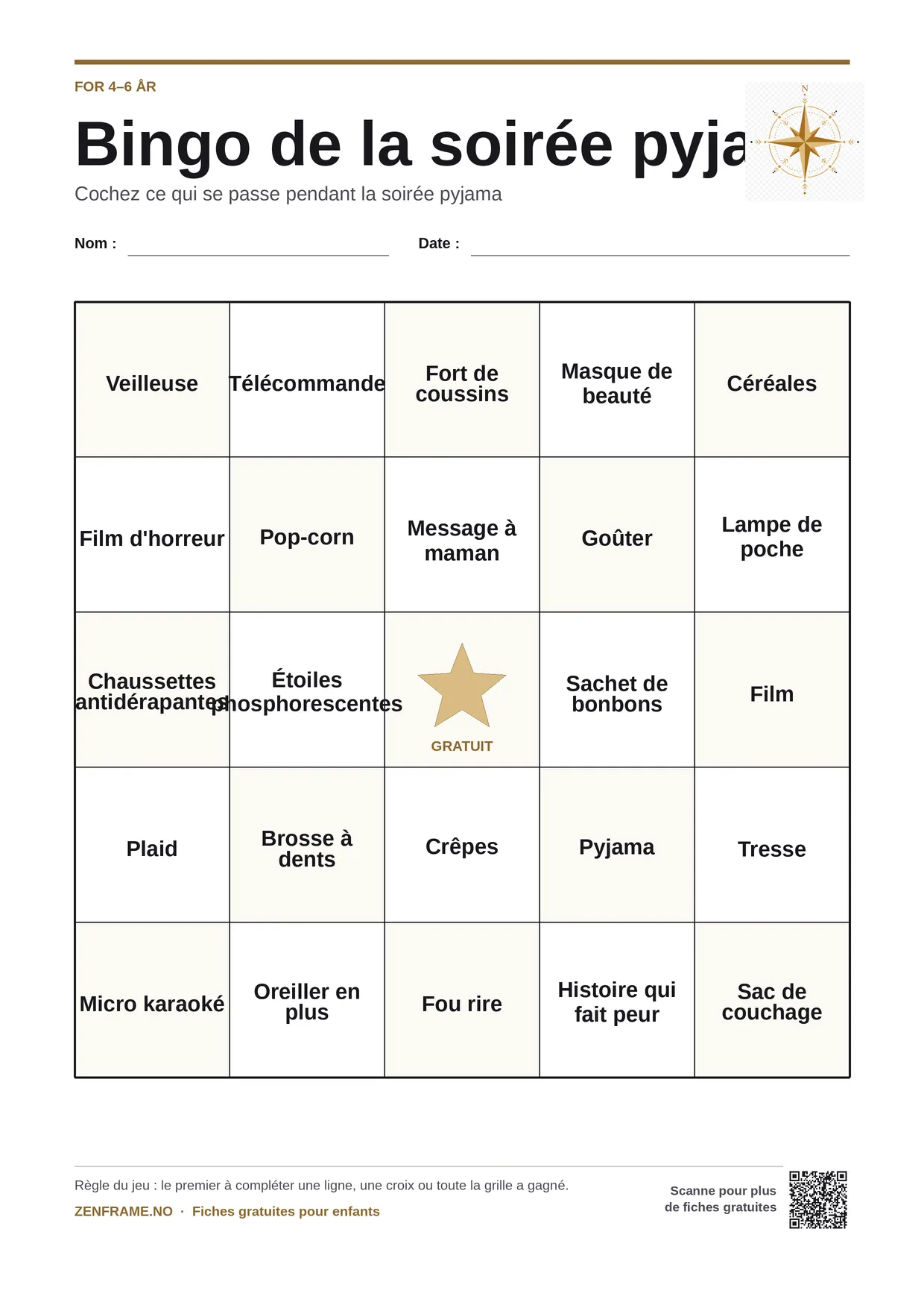 Bingo de la soirée pyjama pour enfants 4–6 ans – planche A4 gratuite à imprimer