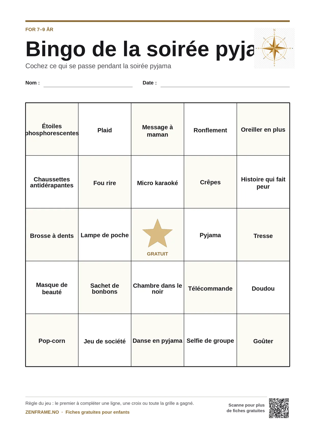 Bingo de la soirée pyjama pour enfants 7–9 ans – planche A4 gratuite à imprimer