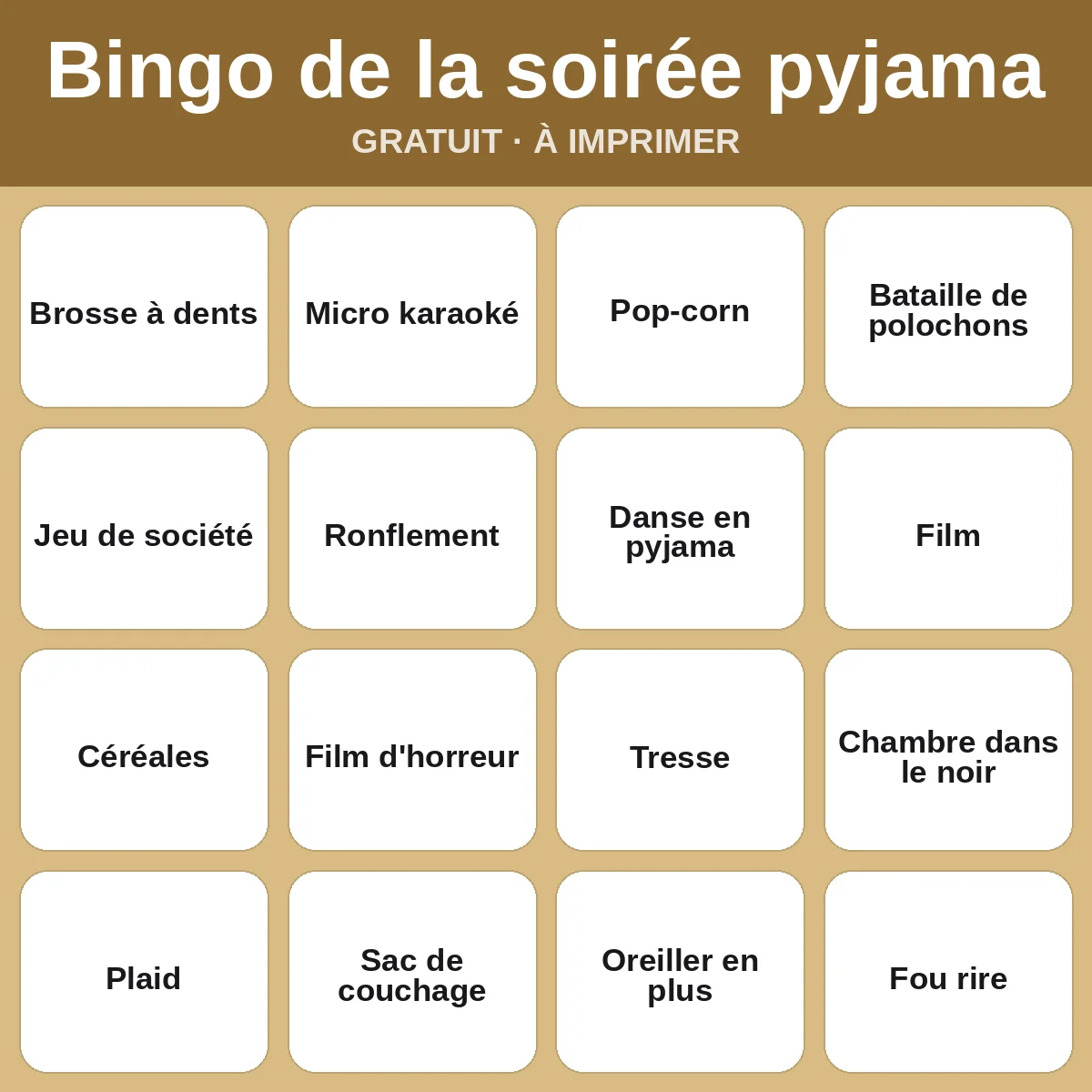 Bingo de la soirée pyjama – bingo gratuit à imprimer pour enfants